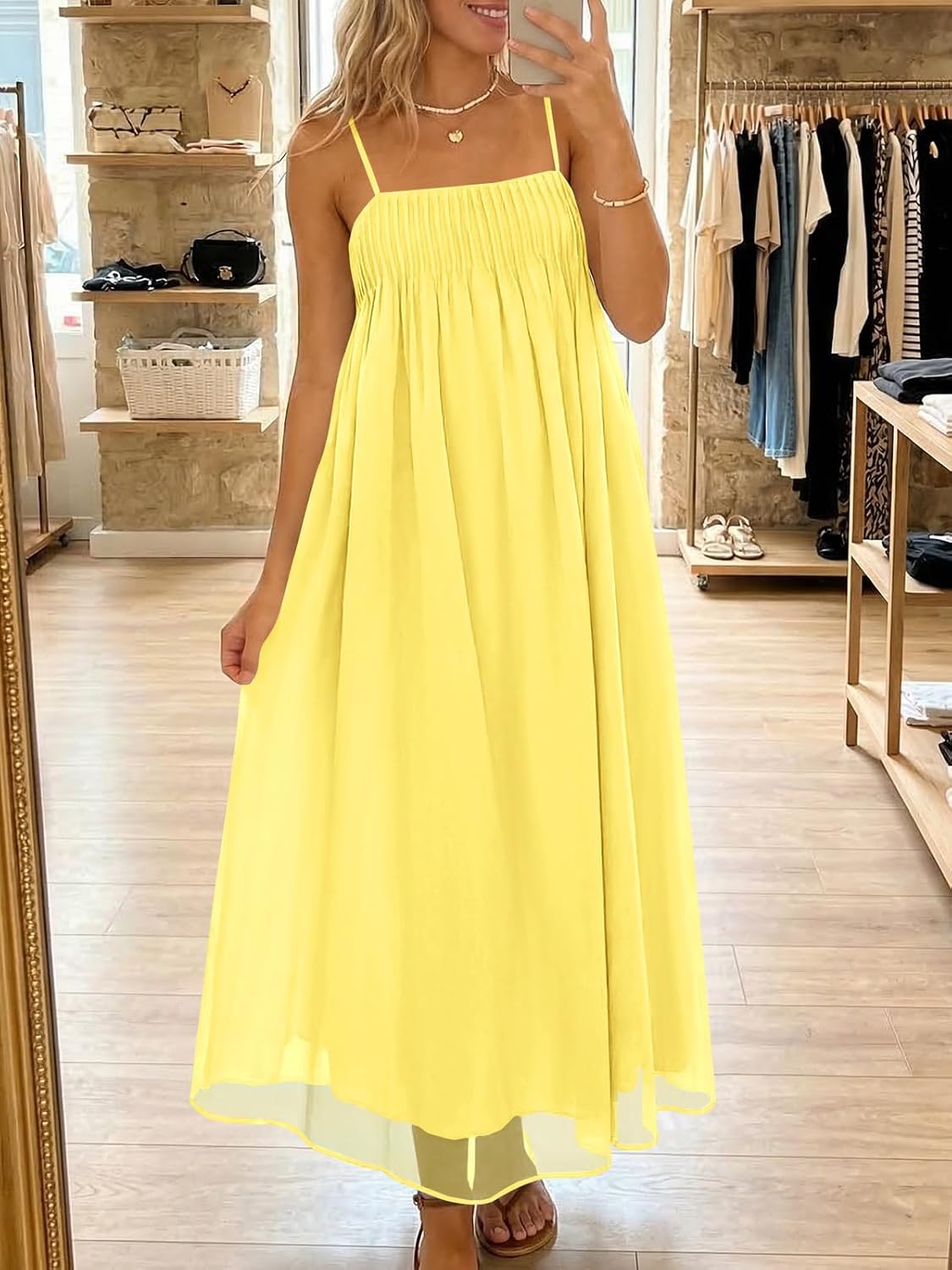 Wenrine Women's Summer Boho Maxi Dresses Spaghetti Straps Chiffon Sundress | Beach Vacation, Flowy, Linen, Casual, Loose, Pleated, Sleeveless, Midi Long Dress with Pockets
