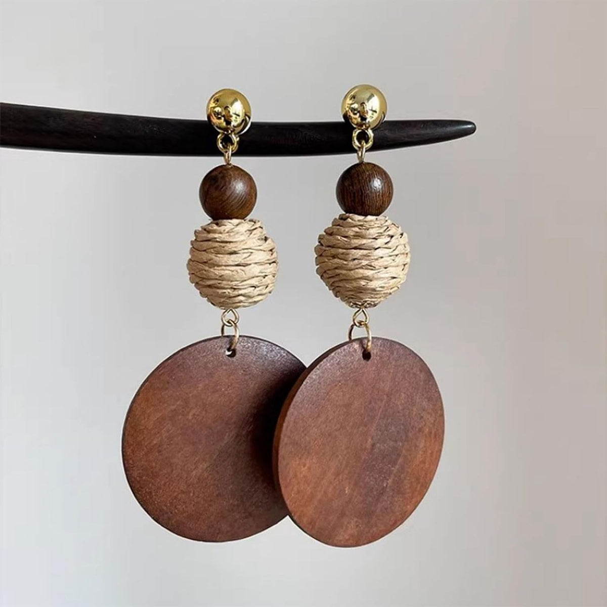 Brown Wooden Boho Dangle Earrings for Women, African Earrings | Lightweight Wooden Statement Earrings with Raffia Accents and African Boho Style for Summer Vacation and Everyday Wear