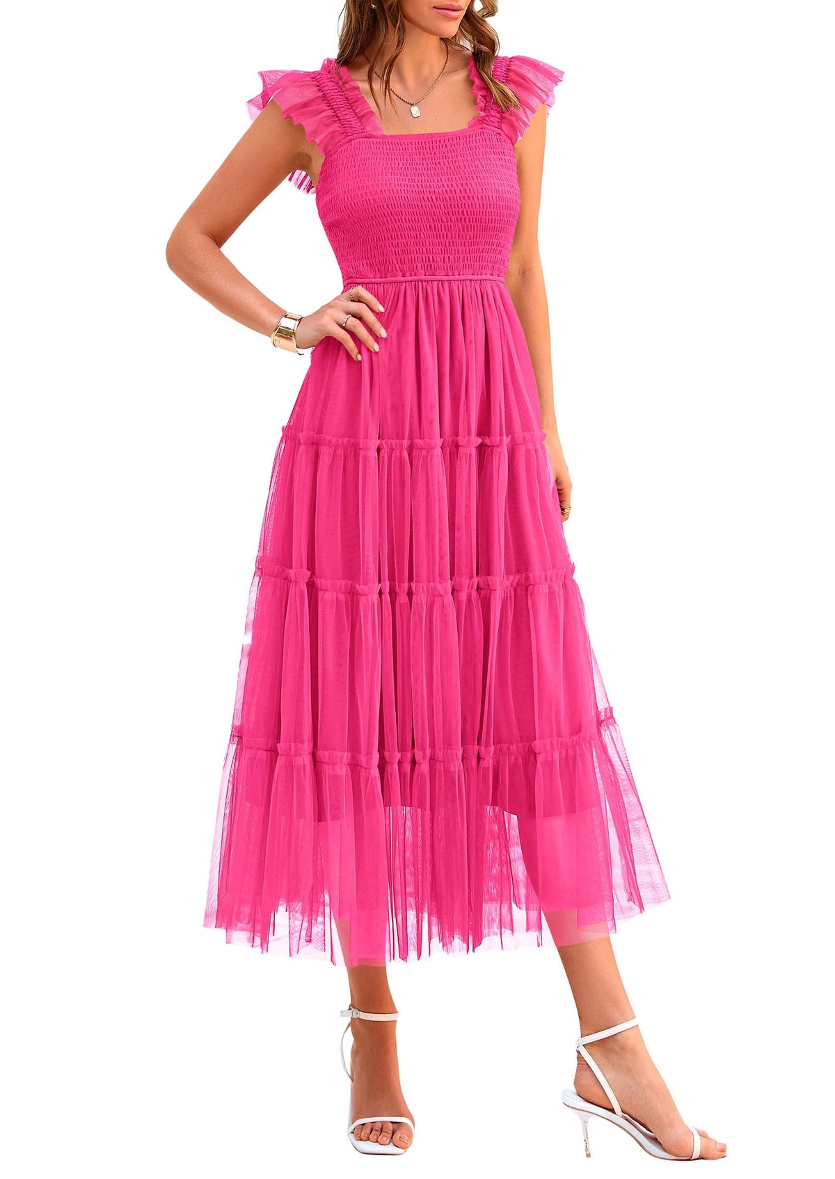 PRETTYGARDEN Women's Summer Smocked Midi Tulle Dress | Sleeveless Square Neck A Line, Flowy Tiered Mesh, Spring Semi Formal Wedding Guest Outfits, Homecoming Prom Party Dresses