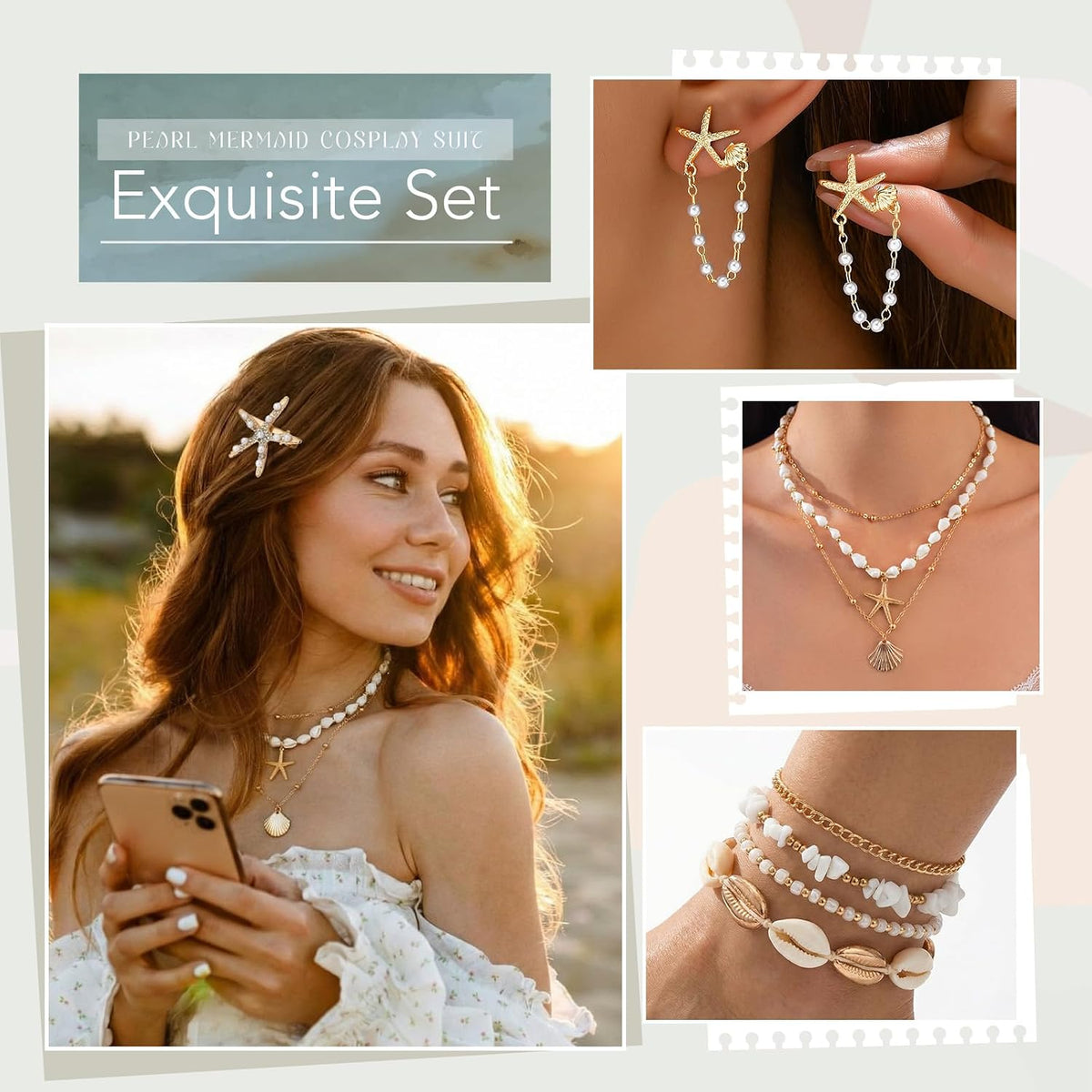Tondiamo 11 Pcs Shell Starfish Necklace Earring Anklet Pearl Set