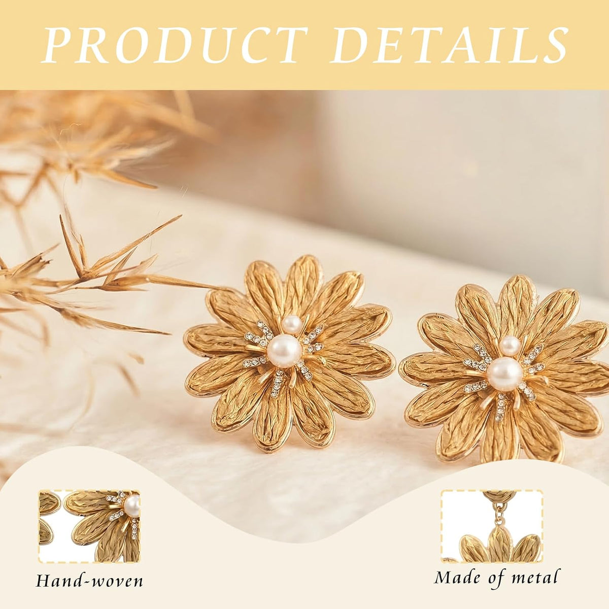 Boho Flower Earrings for Women, Statement Dangle Earrings with Faux Pearl and Rhinestone Accents, Summer Beach Vacation Jewelry Accessories for Party