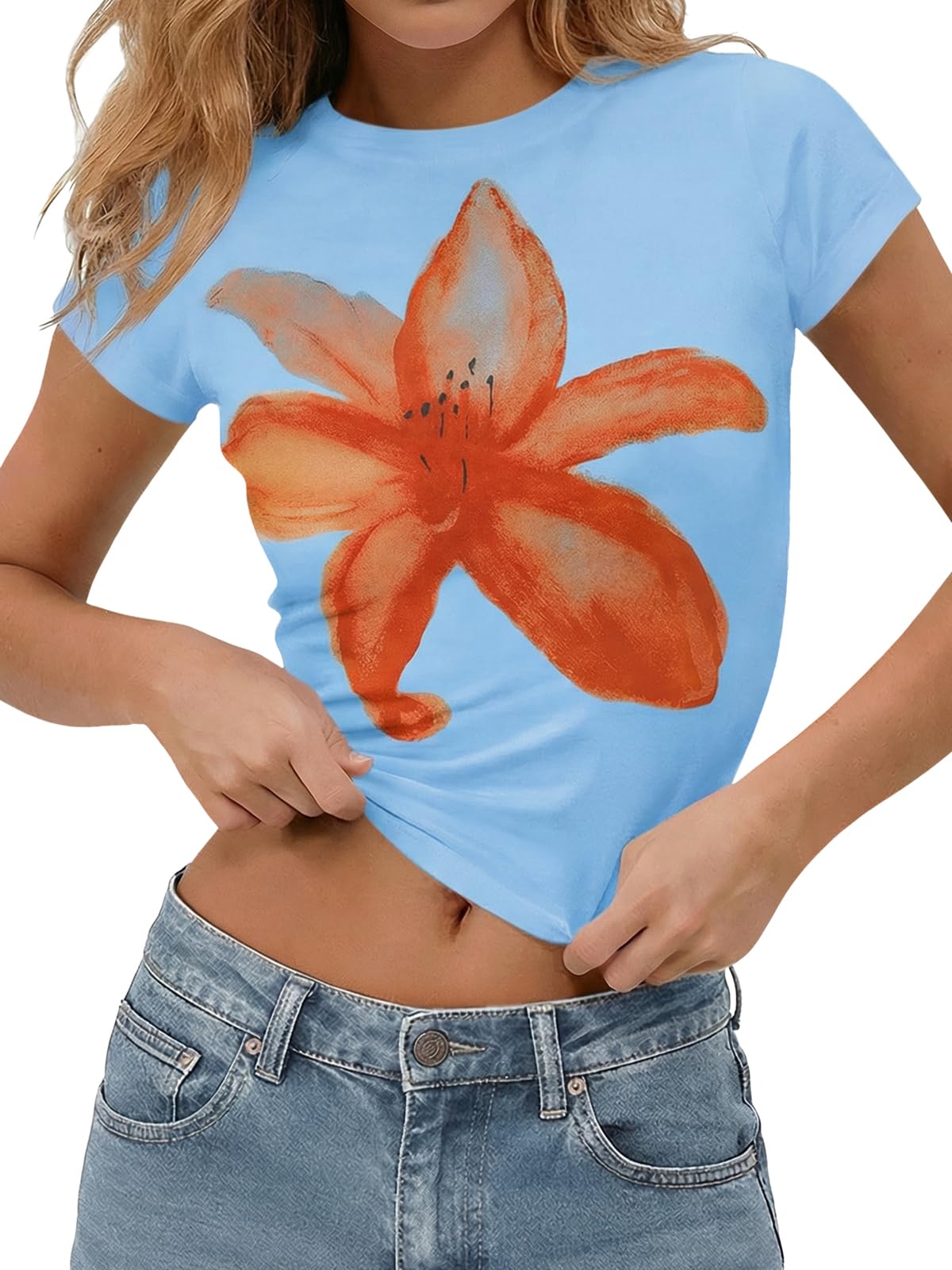 Tankaneo Womens Baby Tee Y2K Tops Summer Short Sleeve Graphic T Shirts | Floral Print, Crop Tops, Cotton, Short Sleeve, Slim Fit, Basic Tees