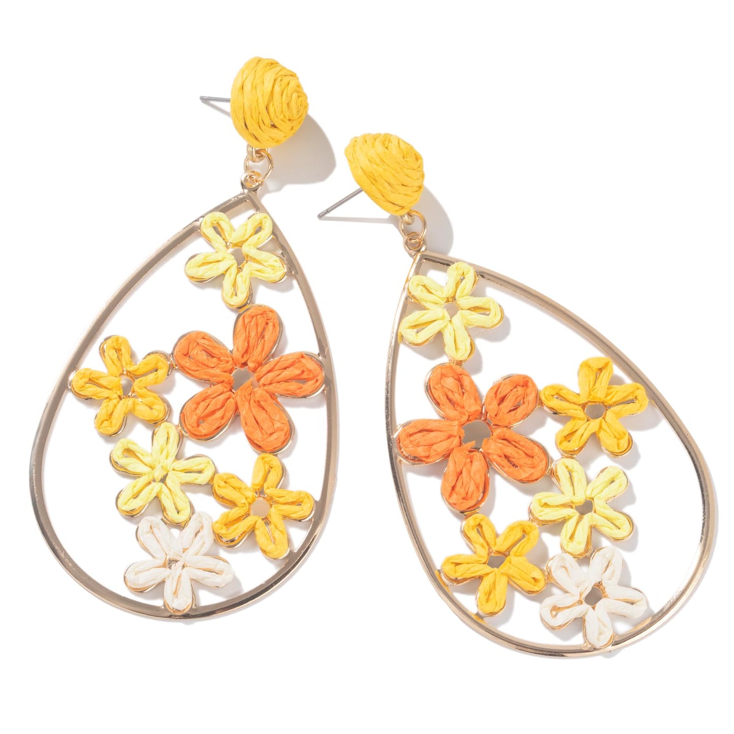 Boho Raffia Flower Teardrop Earrings Cute Colorful Dangle Trendy Jewelry | Floral Drop Statement Big Dangling Earring Hypoallergenic Gold Fun Unique Summer Spring Beach Vacation Outfits for Women