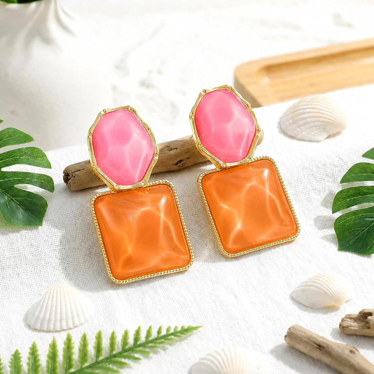 Pink and Orange Earrings,Vacation Water Ripple Acrylic Earrings | Pink and Orange Boho Dainty Statement Earring Water Ripple Dangle Drop Earring for Women