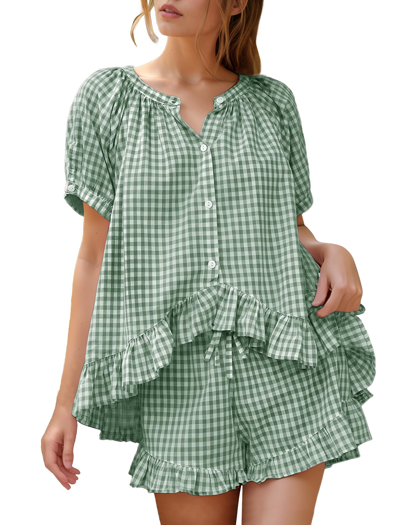 Flygo Cotton Pajamas for Women Gingham Set Lounge Sets | 100% Cotton, Plaid, Babydoll Top, Relaxed Fit, Puff Sleeve, Shorts, Pockets, Summer, Sleepwear, Vacation, Wedding, Parties