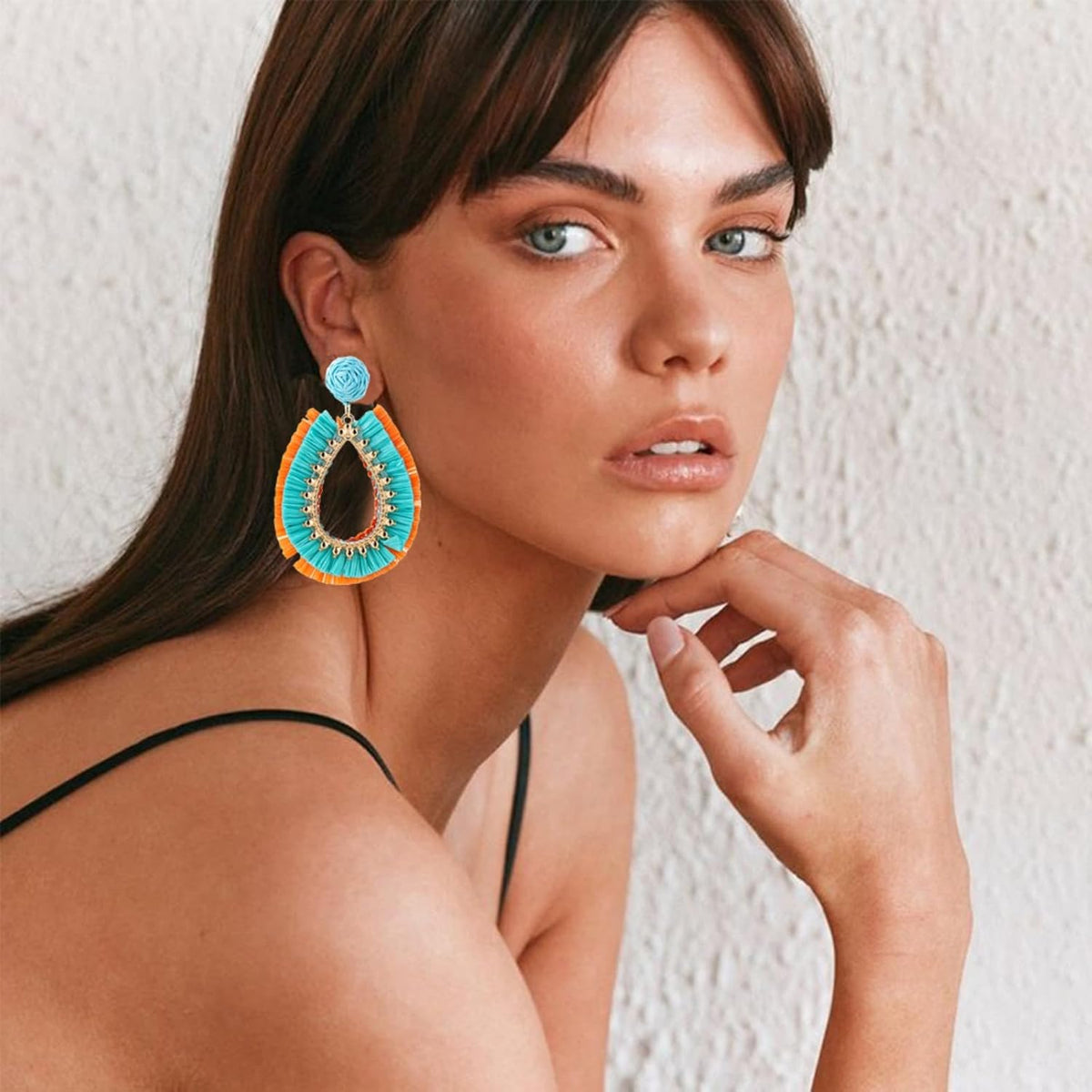 Handmade Raffia Rattan Boho Teardrop Dangle Earrings for Women Colorful Straw Wrap Summer Earrings for Summer Beach Vacation Accessories