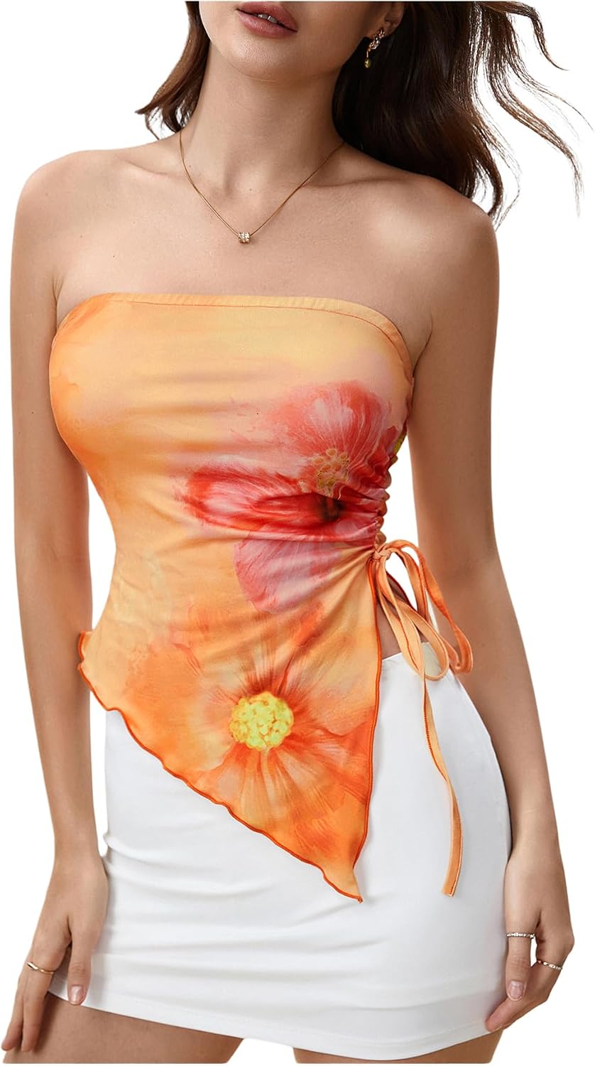 WDIRARA Women's Floral Strapless Side Ruched Asymmetrical Hem Tube Top | Y2k Floral, Strapless, Asymmetrical Hem, Side Ruched, Bandeau Crop Top