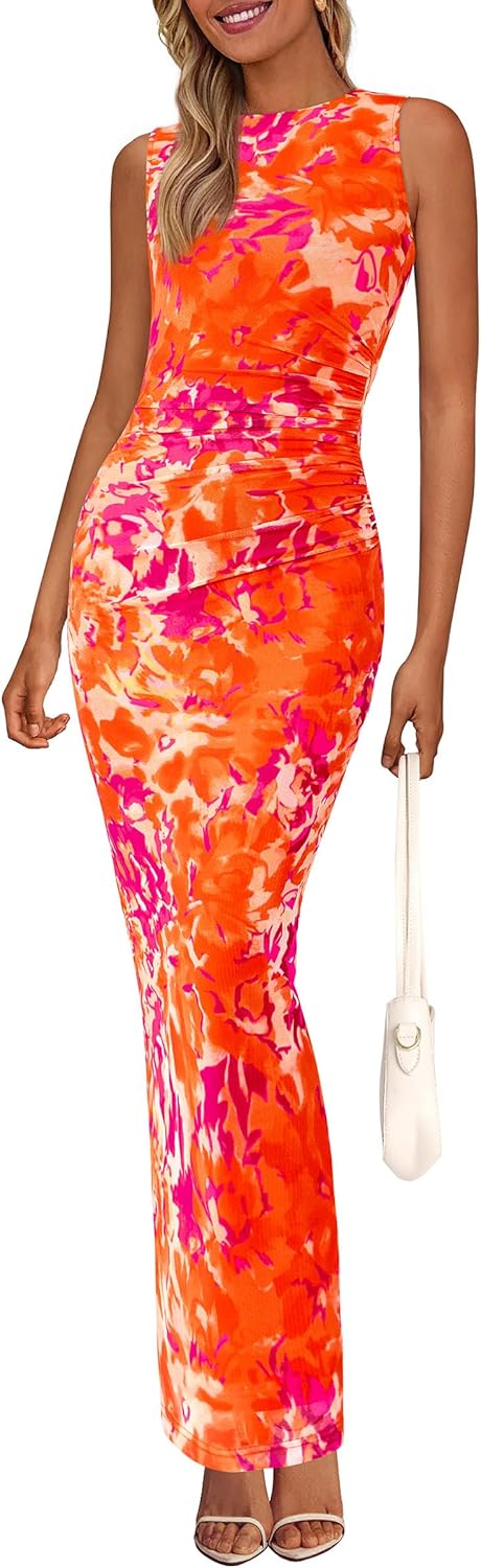 PRETTYGARDEN Women's Summer Formal Floral Maxi Dress | Sleeveless Ruched Bodycon Mesh Long Dresses, Elegant Spring Dress for Wedding Guest, Bridal Shower, Cocktail Party, Vacation