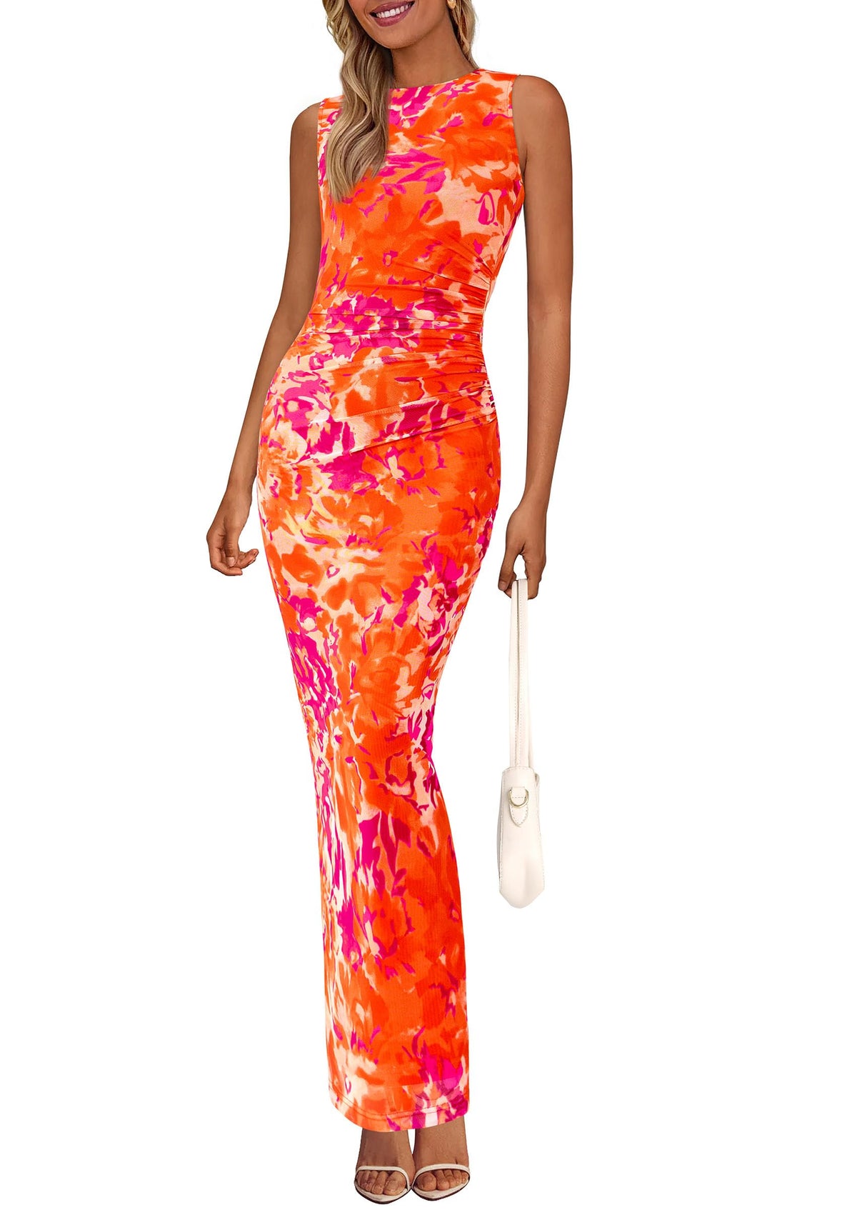 PRETTYGARDEN Women's Summer Formal Floral Maxi Dress | Sleeveless Ruched Bodycon Mesh Long Dresses, Elegant Spring Dress for Wedding Guest, Bridal Shower, Cocktail Party, Vacation