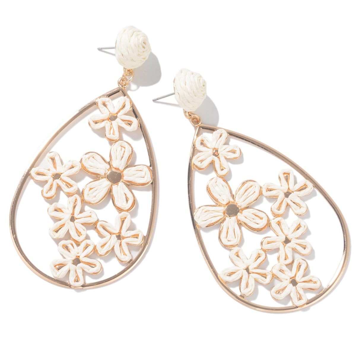 Boho Raffia Flower Teardrop Earrings Cute Colorful Dangle Trendy Jewelry | Floral Drop Statement Big Dangling Earring Hypoallergenic Gold Fun Unique Summer Spring Beach Vacation Outfits for Women