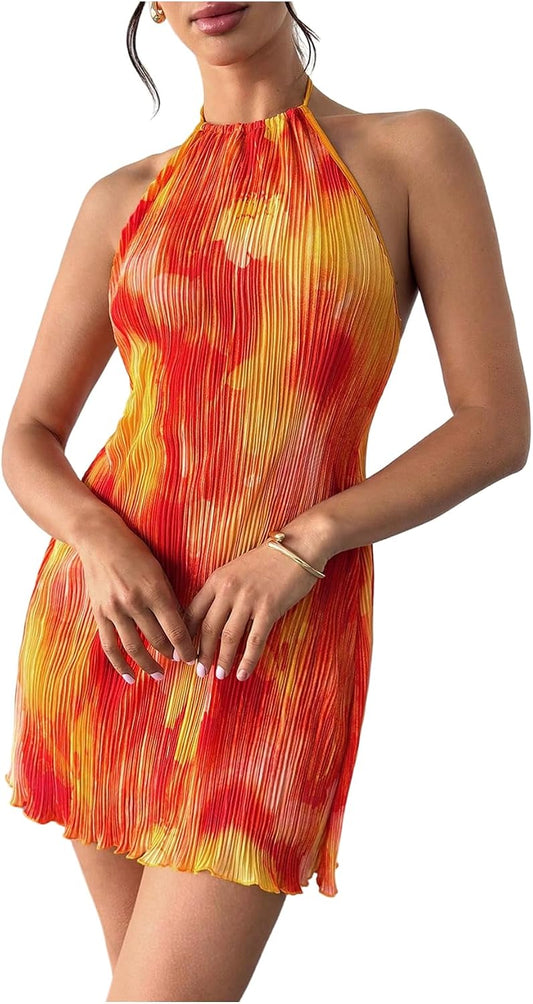 SHENHE Women's Halter Loose Pleated Backless Summer Beach Sunset Dress | Vacation, Tie Dye, Flowy, Short Dresses