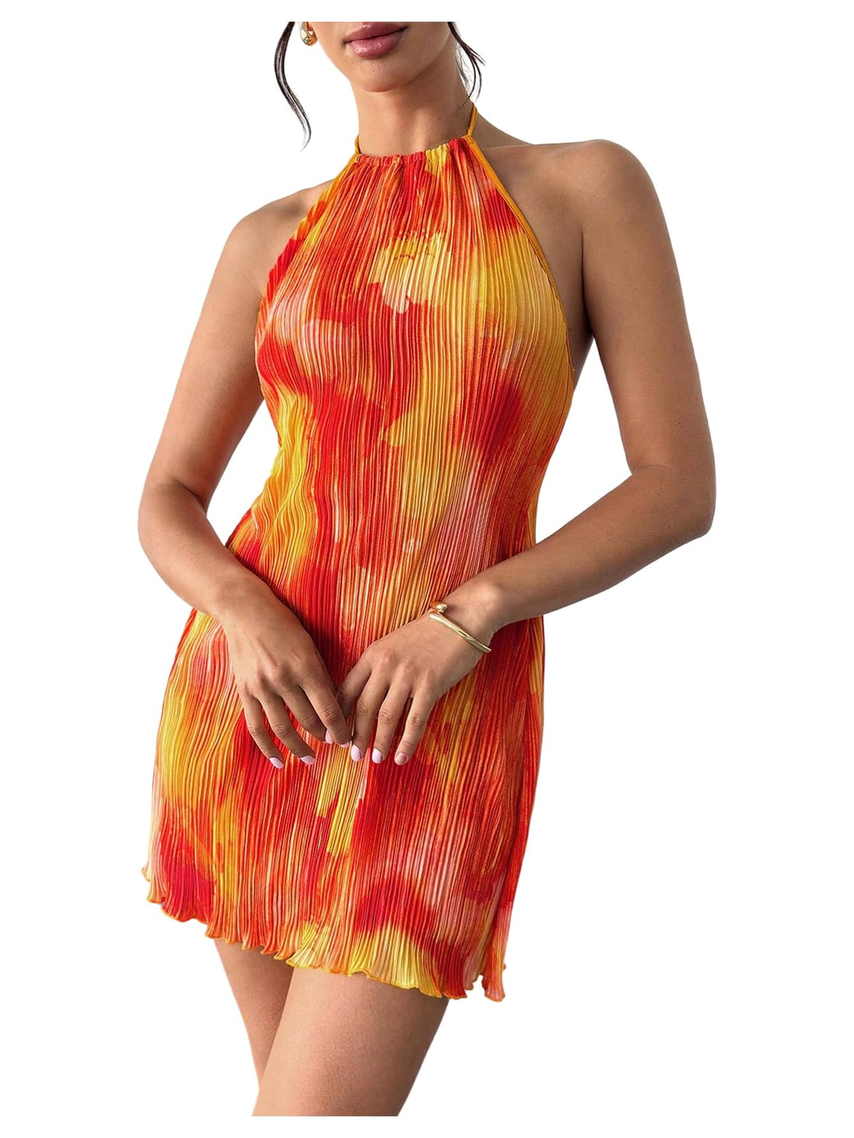 SHENHE Women's Halter Loose Pleated Backless Summer Beach Sunset Dress | Vacation, Tie Dye, Flowy, Short Dresses