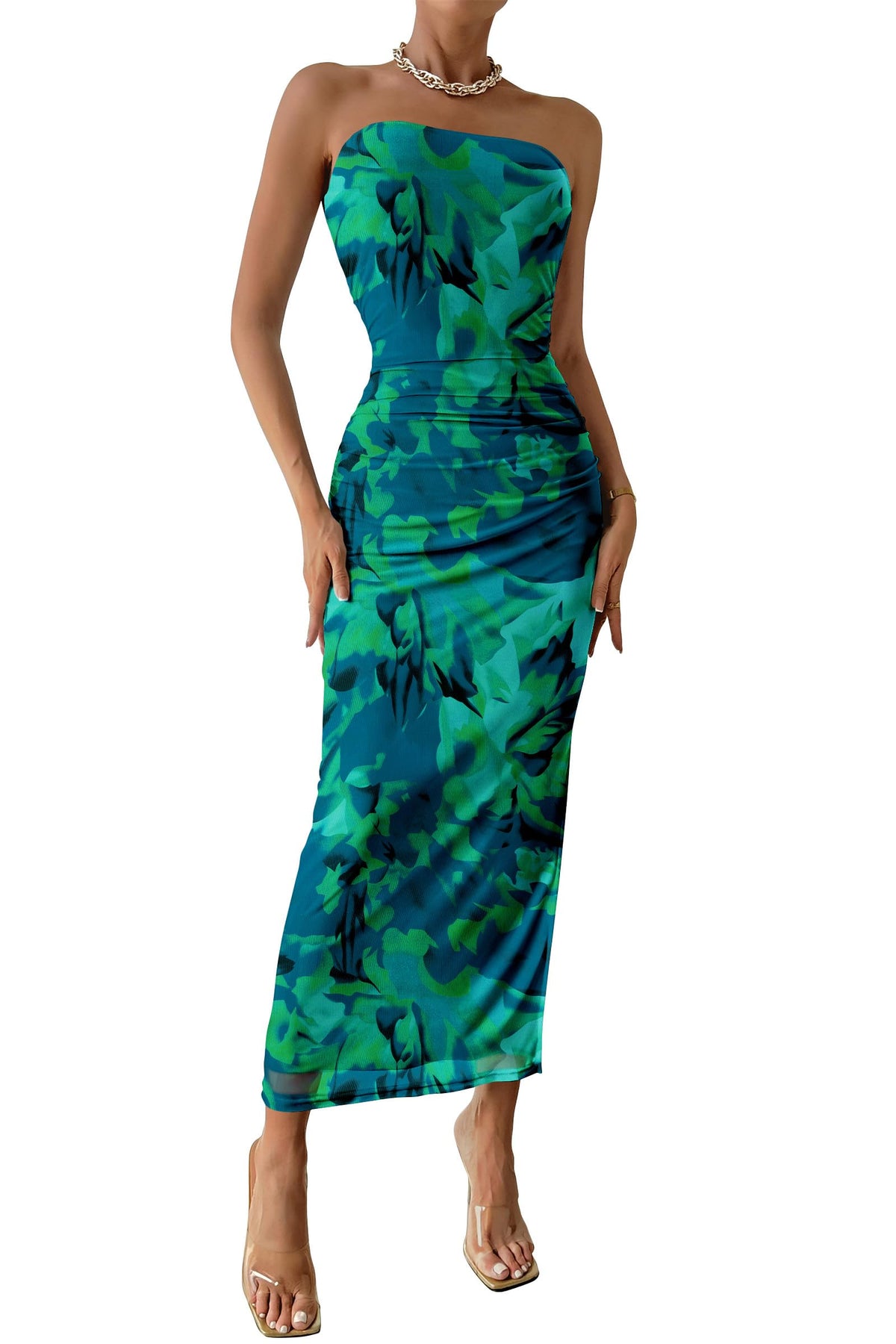 PRETTYGARDEN Women's Strapless Bodycon Floral Maxi Dress | Stretchy Lined Mesh, Long Tube Dresses, Ruched Slit, Spring Summer Y2K Outfits for Wedding, Date Night Party, Beach Vacation
