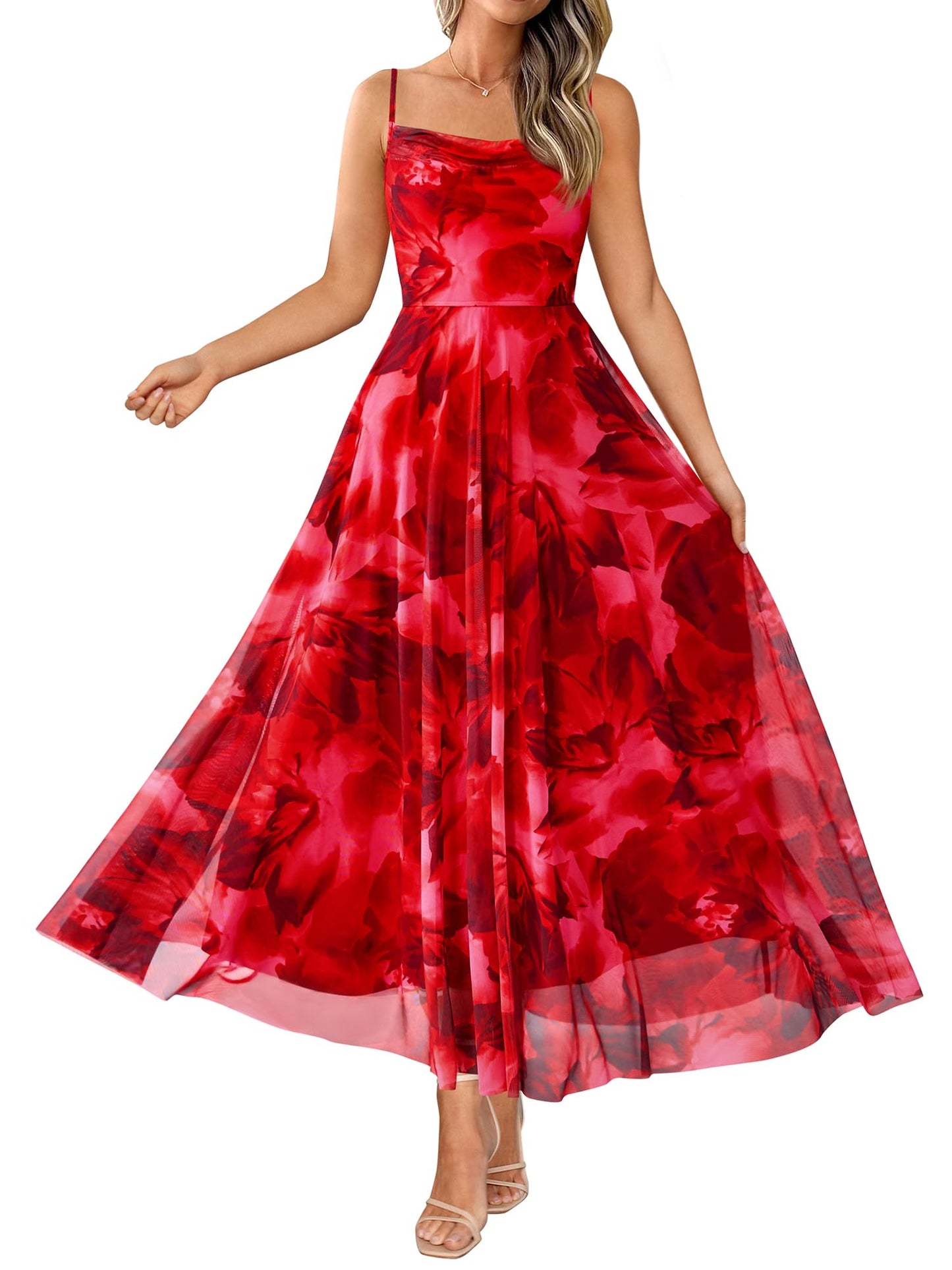 BTFBM Women Summer Maxi Dresses Elegant Wedding Guest Dress | Cowl Neck,Spaghetti Strap,Mesh,Floral,A-Line,Flowy,Party,Cocktail,Homecoming,Graduation,Sundress,Prom,Beach Long Dresses