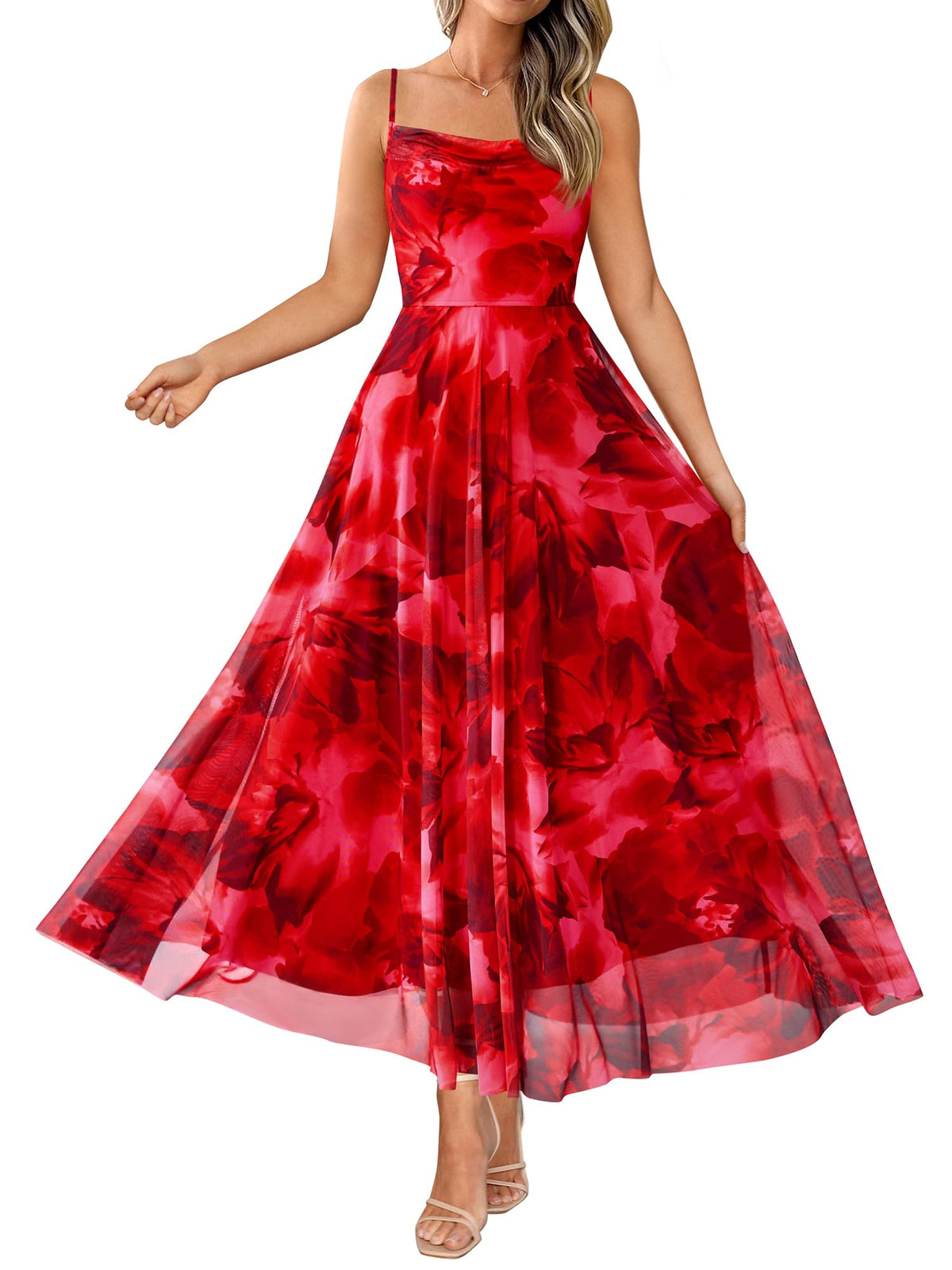BTFBM Women Summer Maxi Dresses Elegant Wedding Guest Dress | Cowl Neck,Spaghetti Strap,Mesh,Floral,A-Line,Flowy,Party,Cocktail,Homecoming,Graduation,Sundress,Prom,Beach Long Dresses