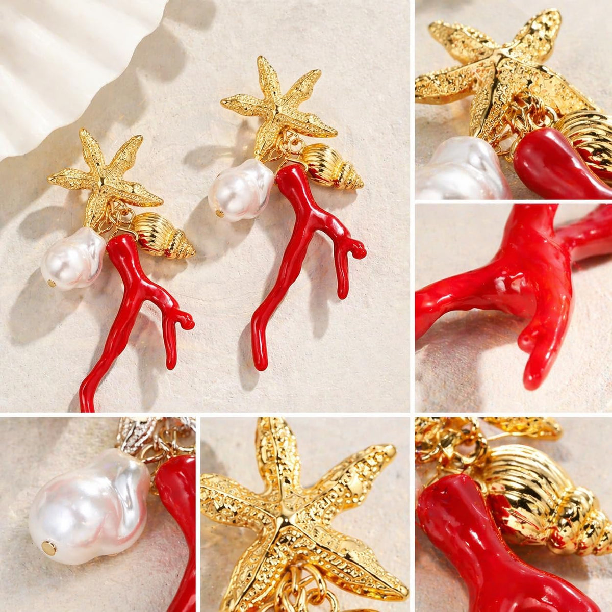 Starfish Coral Pearl Earrings for Women, Gold Beach Dangle Earrings with Shell Star Design, Summer Boho Statement Jewelry, Ocean Vacation Accessories Gift