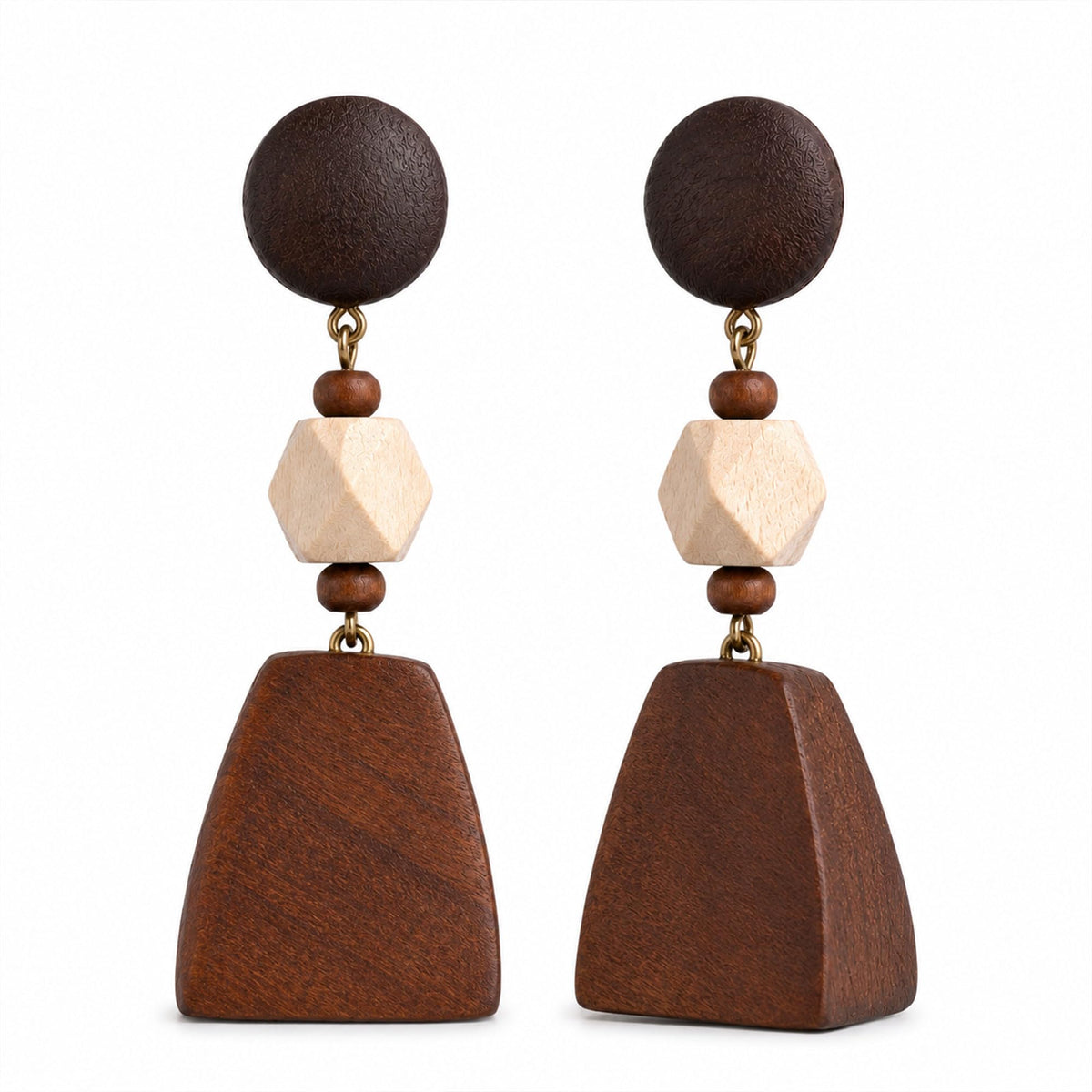 Brown Wooden Boho Dangle Earrings for Women, African Earrings | Lightweight Wooden Statement Earrings with Raffia Accents and African Boho Style for Summer Vacation and Everyday Wear