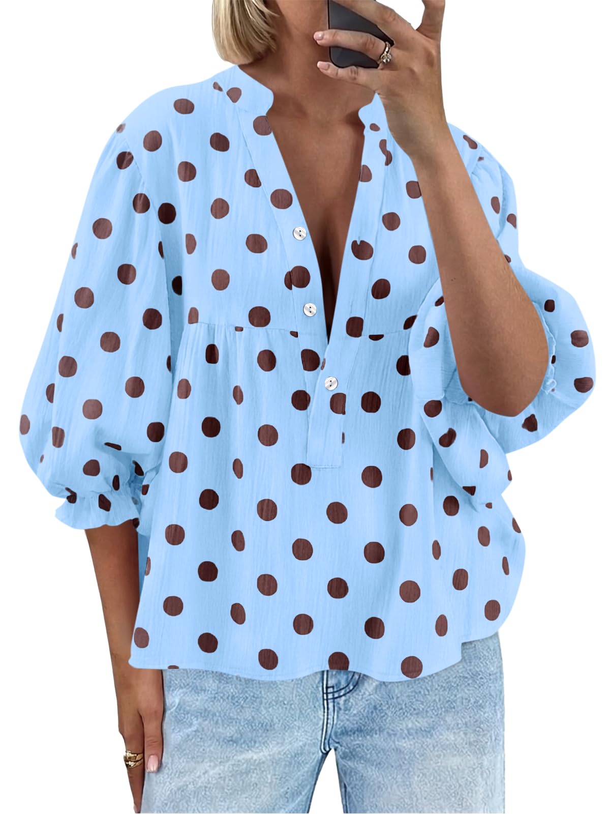 Tankaneo Womens Puff Sleeve Summer Babydoll Tops Cute V Neck Striped Blouse | Casual, Loose Fit, Flowy Shirts, Button, Boho, Work, Dressy, Peplum Blouses