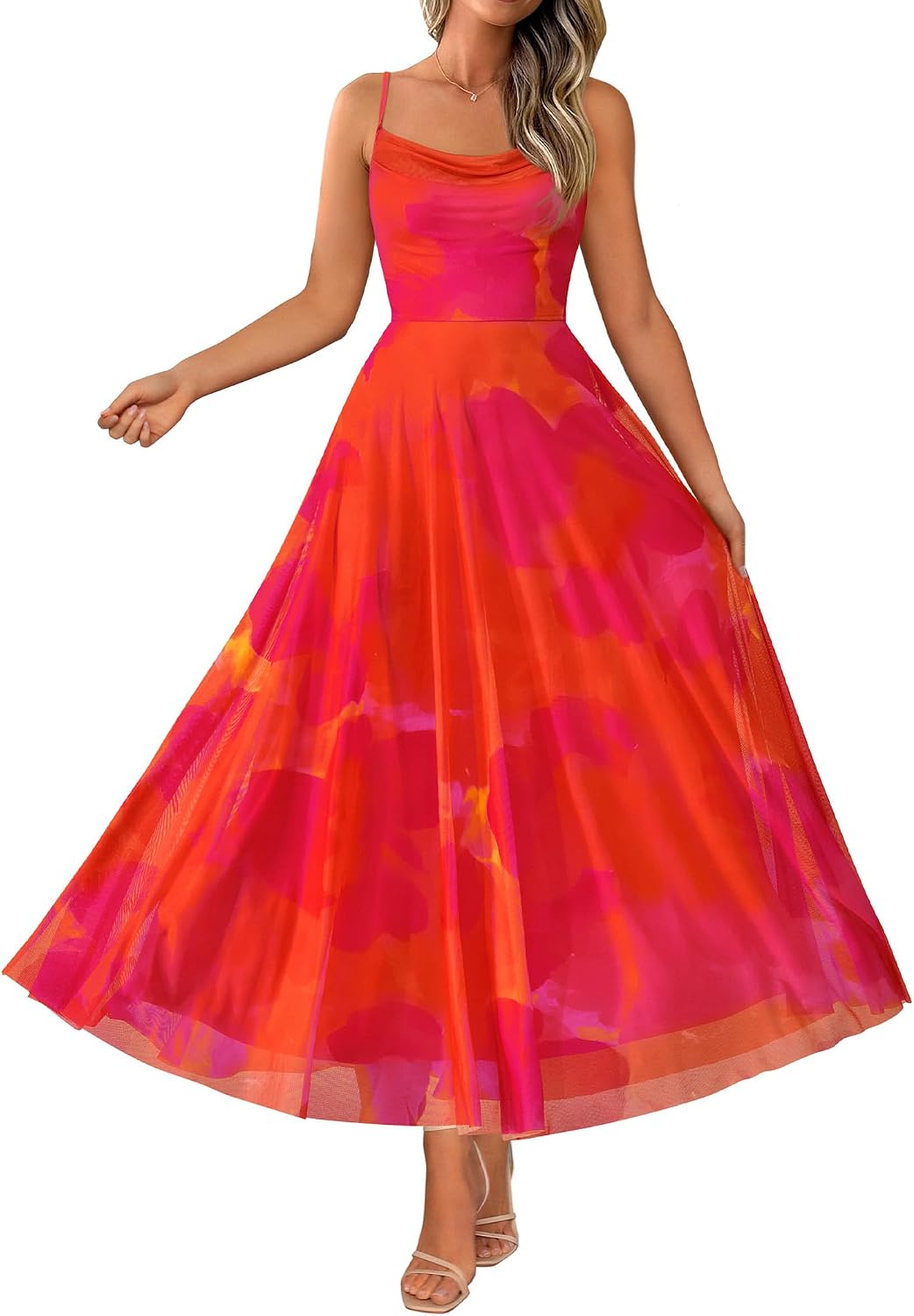 BTFBM Women Summer Maxi Dresses Elegant Wedding Guest Dress | Cowl Neck,Spaghetti Strap,Mesh,Floral,A-Line,Flowy,Party,Cocktail,Homecoming,Graduation,Sundress,Prom,Beach Long Dresses
