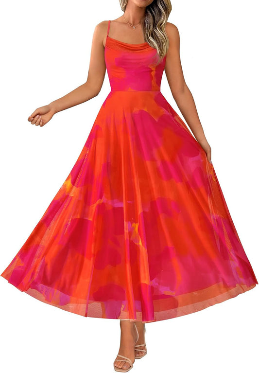 BTFBM Women Summer Maxi Dresses Elegant Wedding Guest Dress | Cowl Neck,Spaghetti Strap,Mesh,Floral,A-Line,Flowy,Party,Cocktail,Homecoming,Graduation,Sundress,Prom,Beach Long Dresses