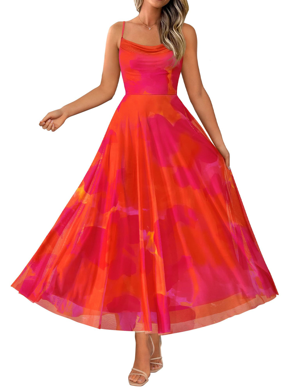 BTFBM Women Summer Maxi Dresses Elegant Wedding Guest Dress | Cowl Neck,Spaghetti Strap,Mesh,Floral,A-Line,Flowy,Party,Cocktail,Homecoming,Graduation,Sundress,Prom,Beach Long Dresses