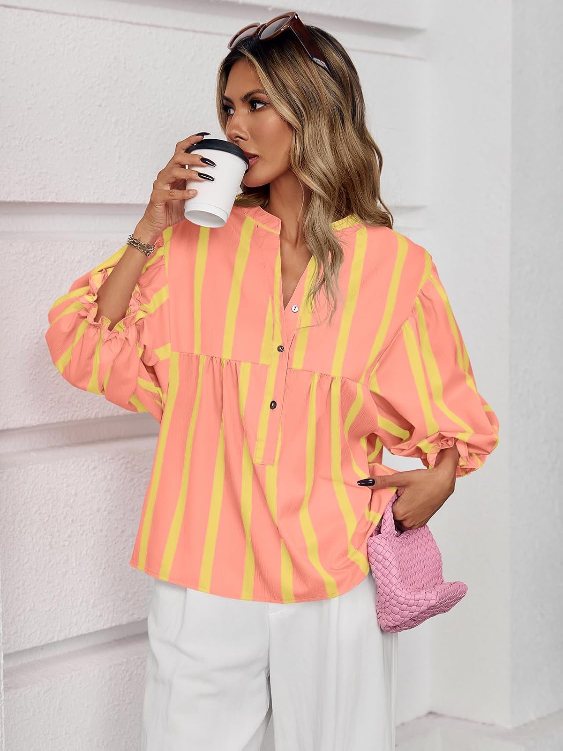 Tankaneo Womens Puff Sleeve Summer Babydoll Tops Cute V Neck Striped Blouse | Casual, Loose Fit, Flowy Shirts, Button, Boho, Work, Dressy, Peplum Blouses