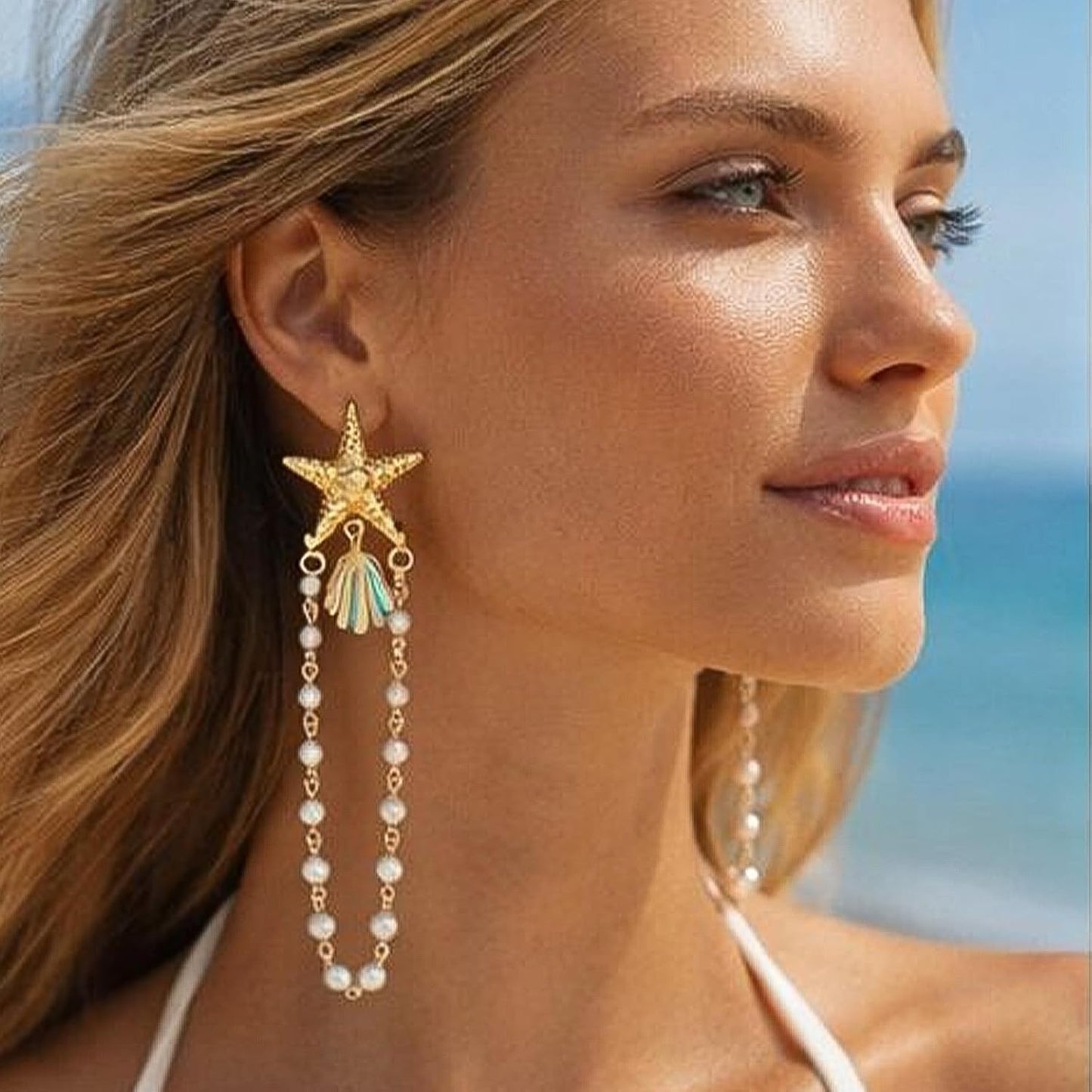 Starfish Shell Earrings for Women, Pearl Drop Beach Jewelry, Lightweight Ocean Dangle Accessories for Summer Vacation, Cruise Outfits, Tropical Resort Looks