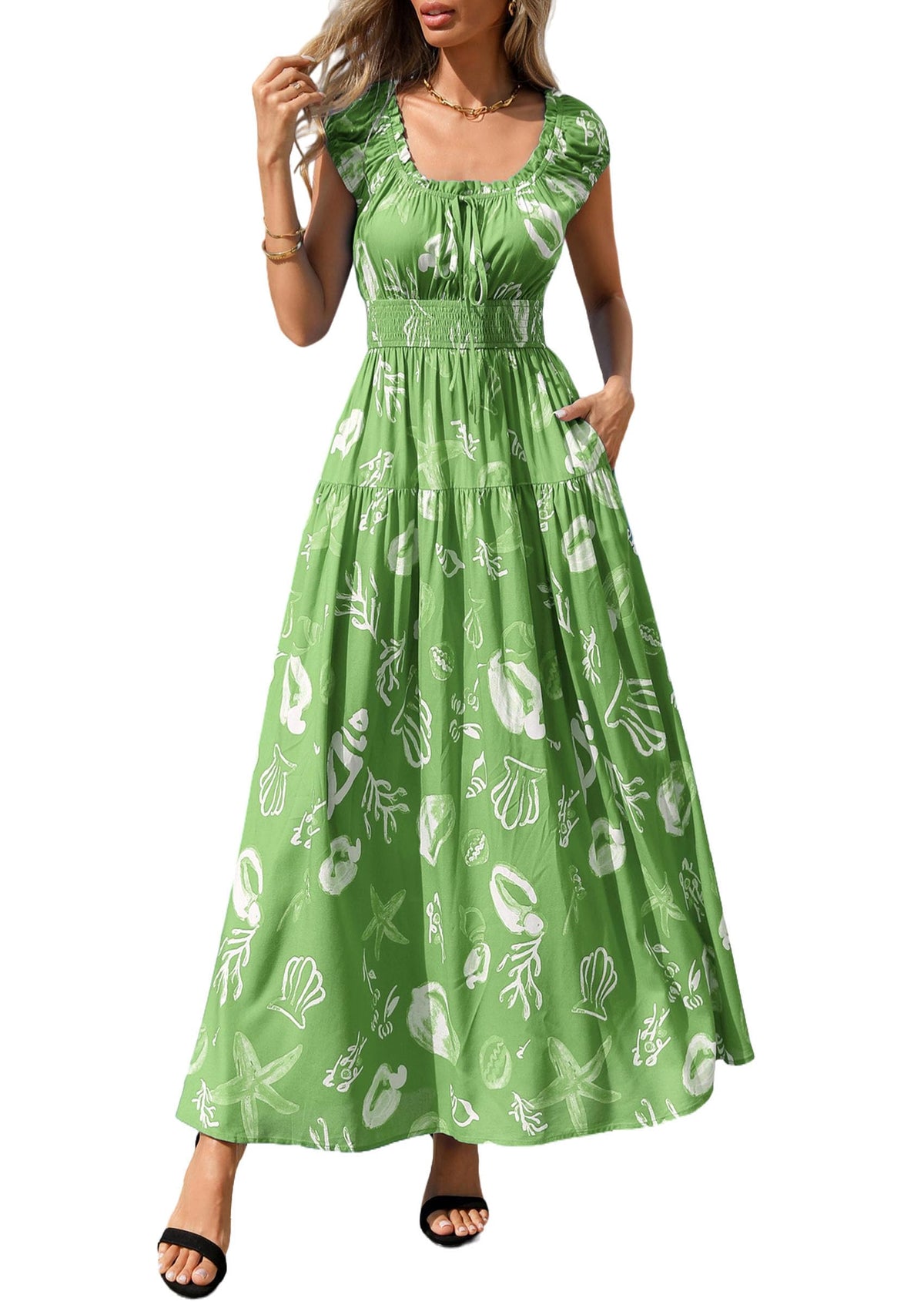 PRETTYGARDEN Women Boho Floral Maxi Sun Dress | Flowy A Line, Smocked Waist, Square Neck, Pockets, Spring Summer Elegant Outfits for Wedding, Beach Vacation, Resort Wear