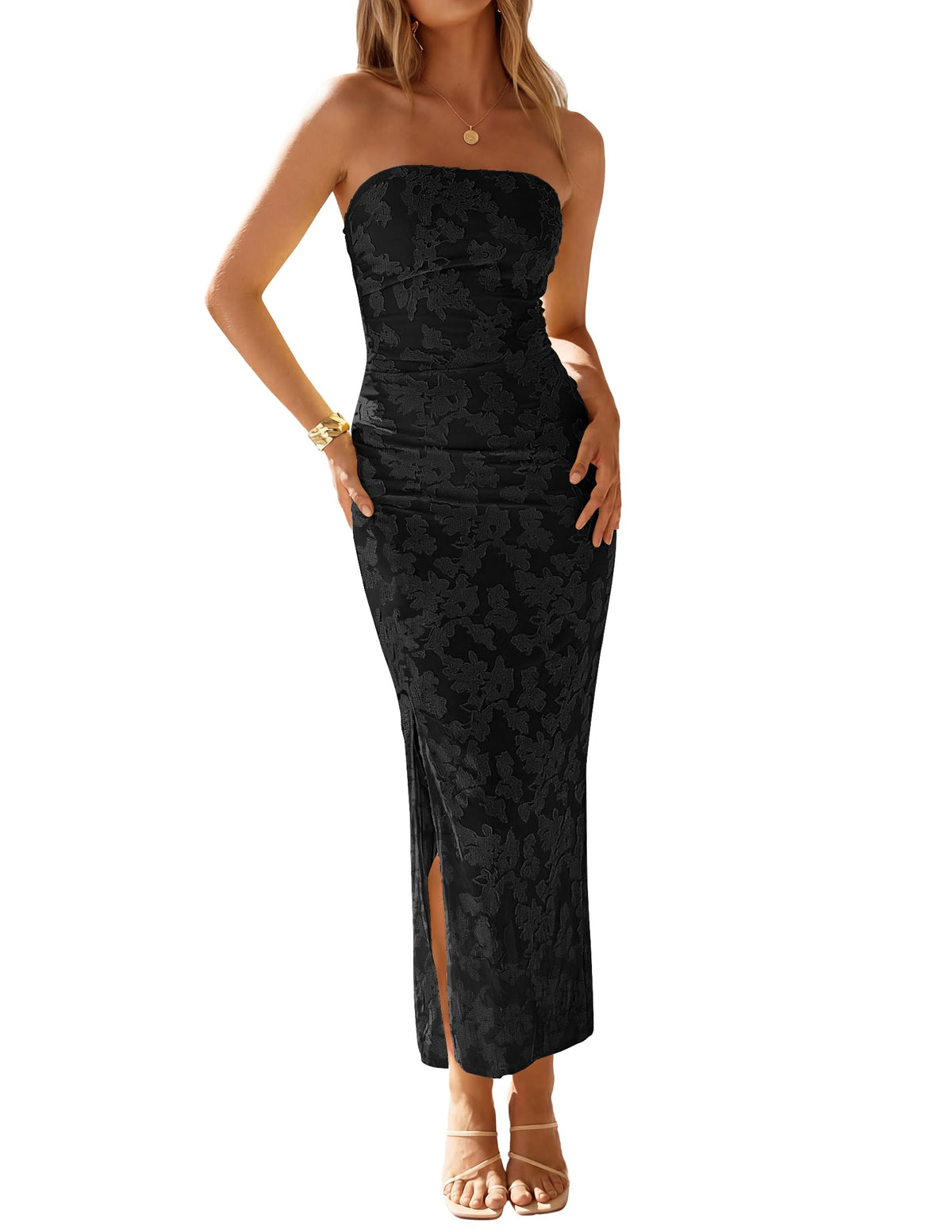 ZESICA Womens Summer Strapless Floral Bodycon Ruched Slit Maxi Formal Dress | Off Shoulder Mesh Casual Long Sundress, Elegant Sexy Dinner Dress, Beach Vacation Dress, Wedding Guest Cocktail Party Dress