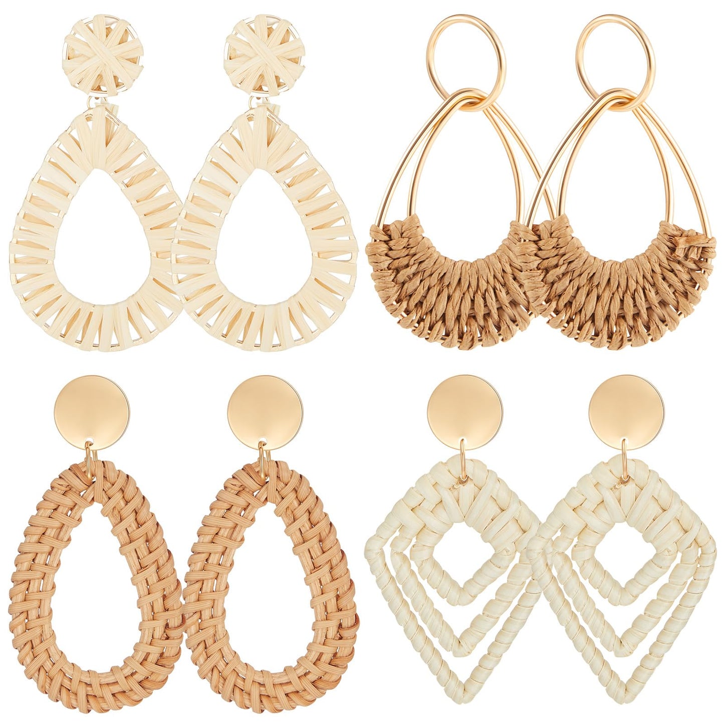 meekoo 4 Pairs Handmade Rattan Earrings for Women, Boho Straw Dangle Statement Earrings for Beach Vacation Summer Jewelry