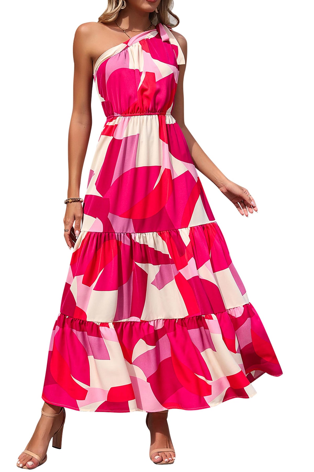 PRETTYGARDEN Women's One Shoulder Boho Floral Maxi Dress | Sleeveless Tiered A Line, Long Flowy Sundress, Tie Knot Summer Vacation Dresses, Spring Wedding Guest Outfits for Beach Party