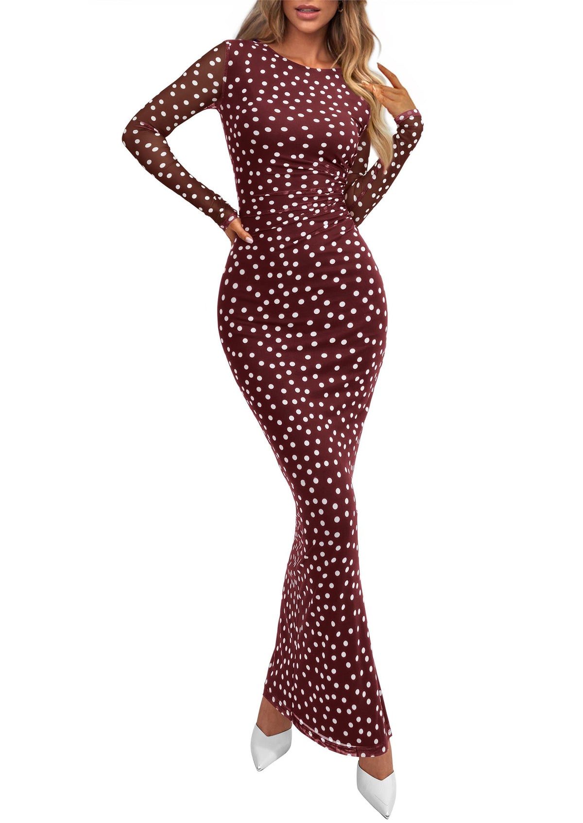 PRETTYGARDEN Women's Floral Bodycon Maxi Fall Dress | Sheer Mesh, Boho Tie Dye, Long Sleeve Fitted, Ruched Waist, Wedding Guest, Cocktail Party Holiday, Elegant Spring Outfits