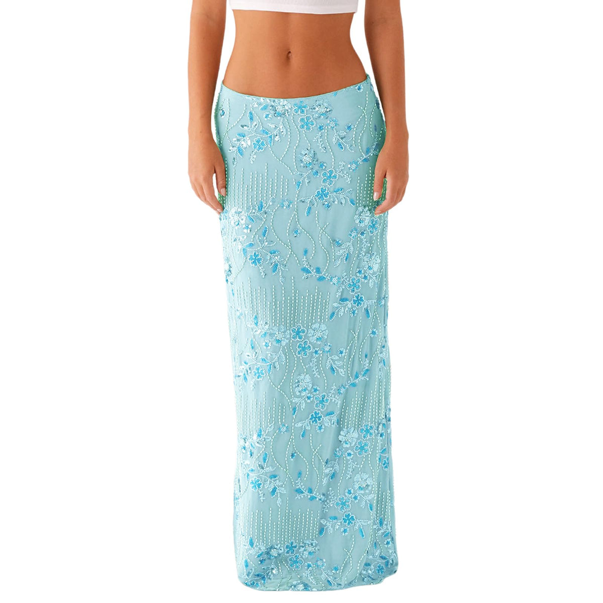 Women Y2k Sequin Long Skirt Bead Floral Embroidery Maxi Skirt Low Waist Rhinestone Glitter Bodycon Club Skirt
