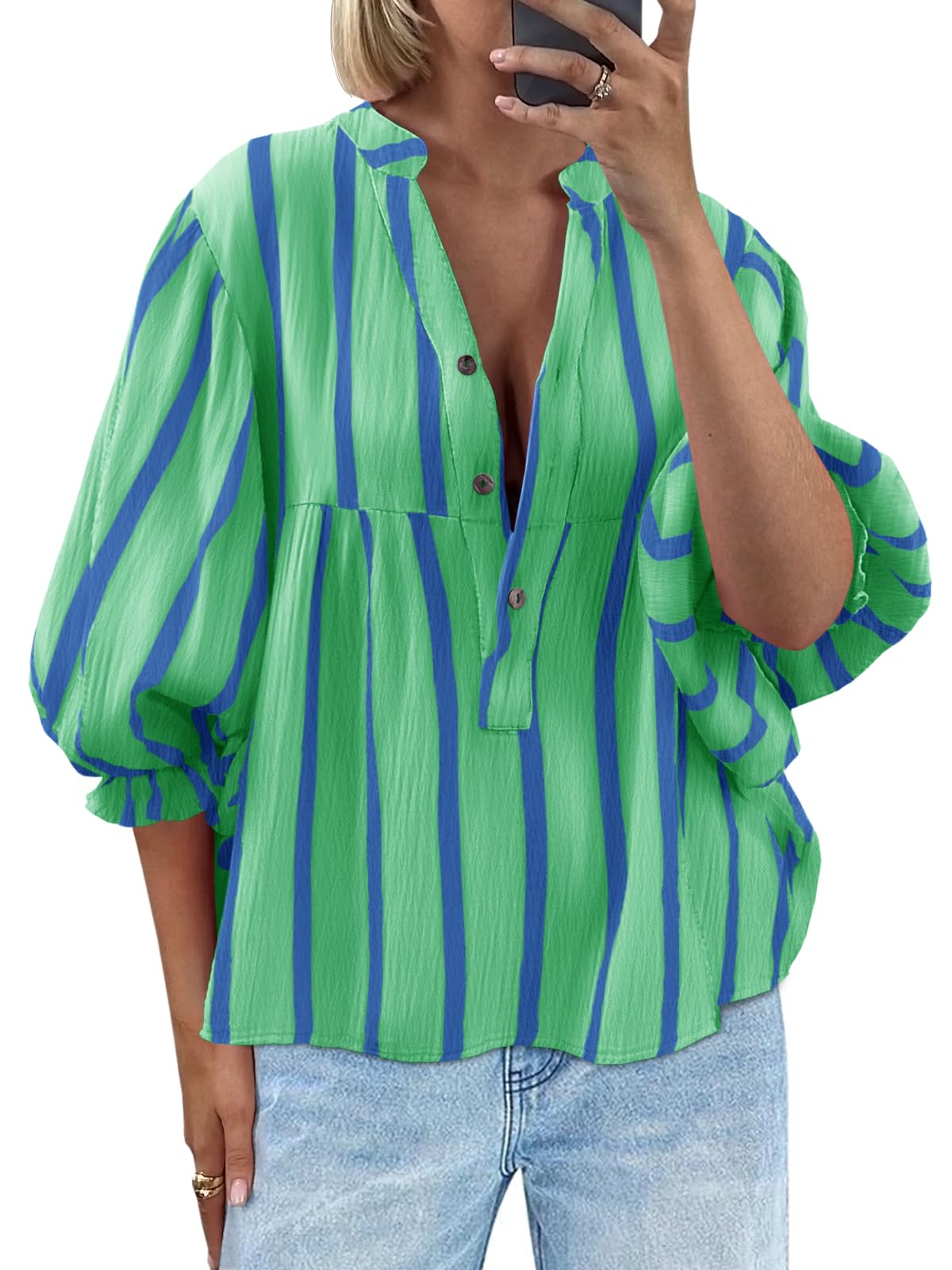 Tankaneo Womens Puff Sleeve Summer Babydoll Tops Cute V Neck Striped Blouse | Casual, Loose Fit, Flowy Shirts, Button, Boho, Work, Dressy, Peplum Blouses