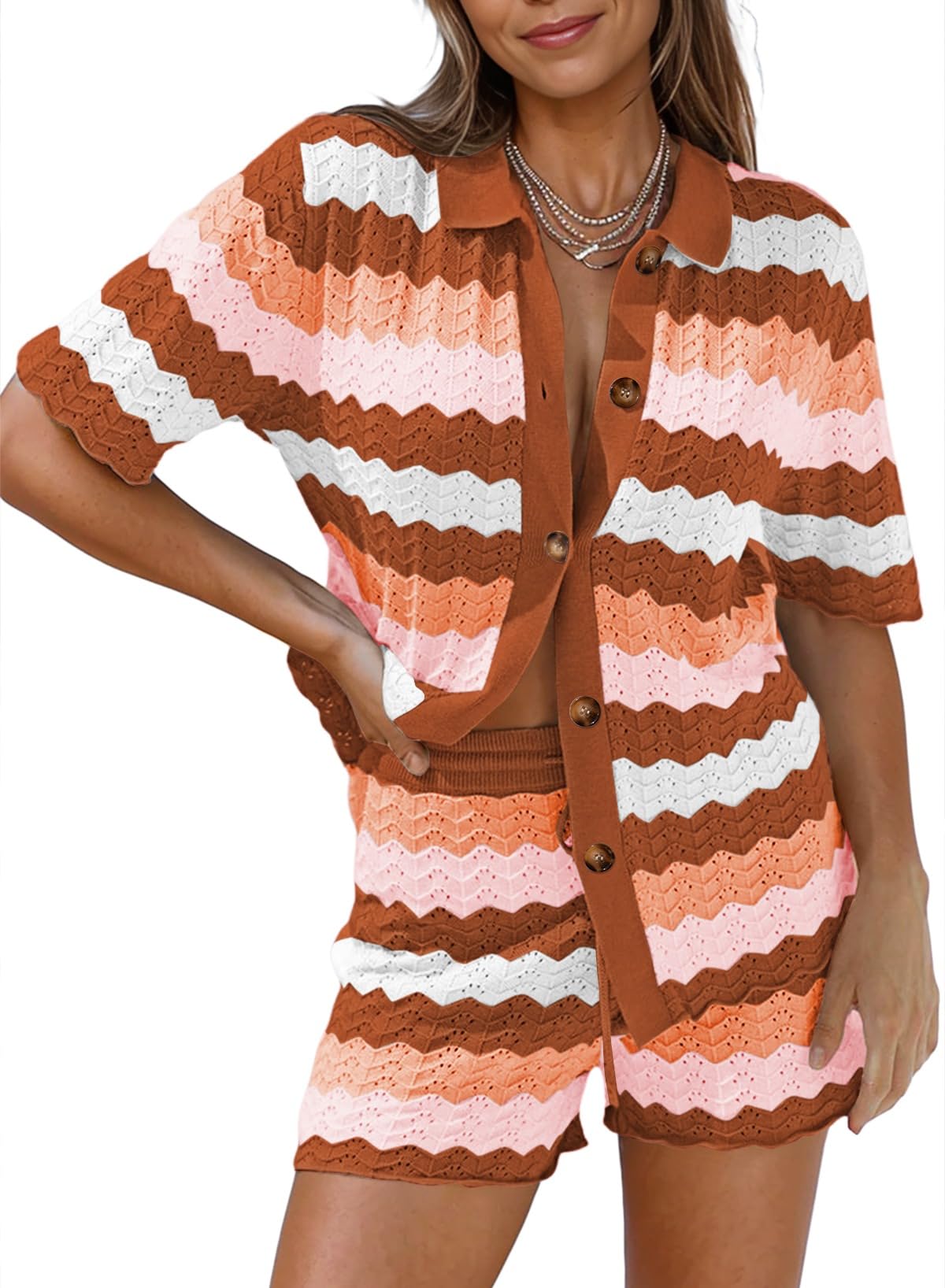 Pink Queen Women Knit Shorts Set 2 Piece Outfits Short Sleeve Button Down Sweater Top and Shorts Lounge Set