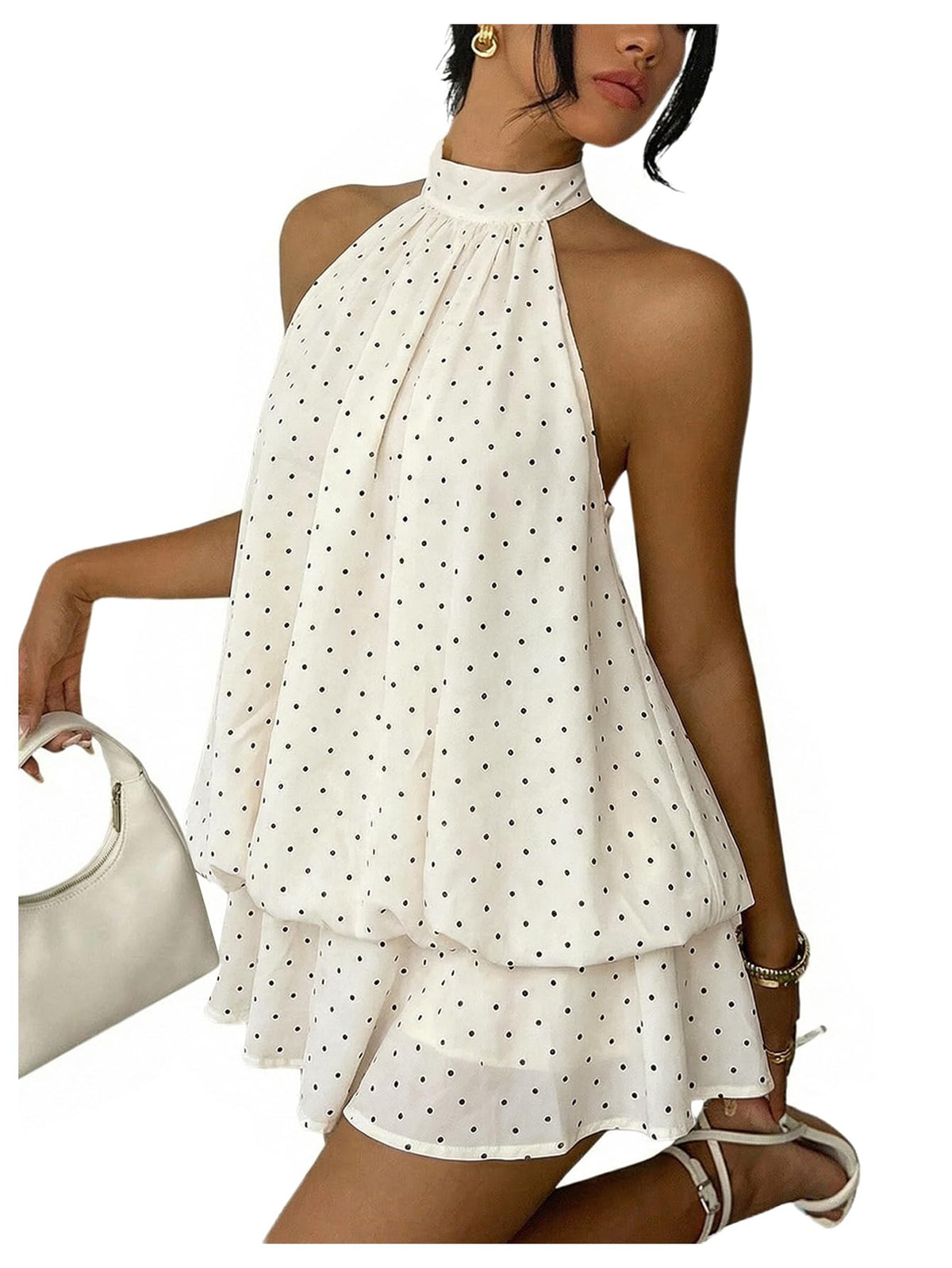 Verdusa Women's Chiffon Halter Drop Waist Flowy Wedding Guest Mini Dresses | Sleeveless, Ruffle Hem, Loose Fit, Brunch Outfits, Birthday, Going Out, Cocktail, Y2k