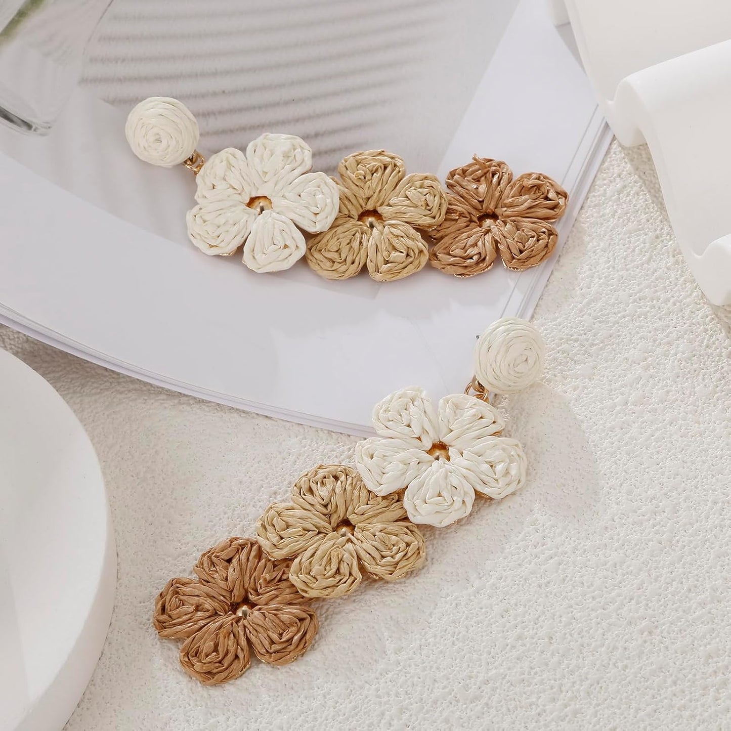 RUOFFETA Raffia Flower Earrings, Raffia Straw Wrapped Flower Drop Dangle Earrings Summer Tropical Beach Jewelry