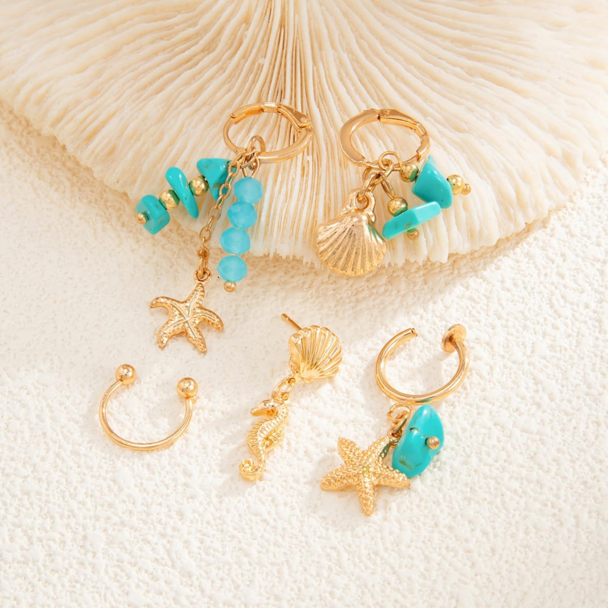 Beach Vacation Starfish Shell Dangle Earrings,Ocean Style Earring Set for Women Vintage Turquoise Earring Sea Turtle Shell Studs Pearl Tassel Clip-On Earrings Summer Jewelry