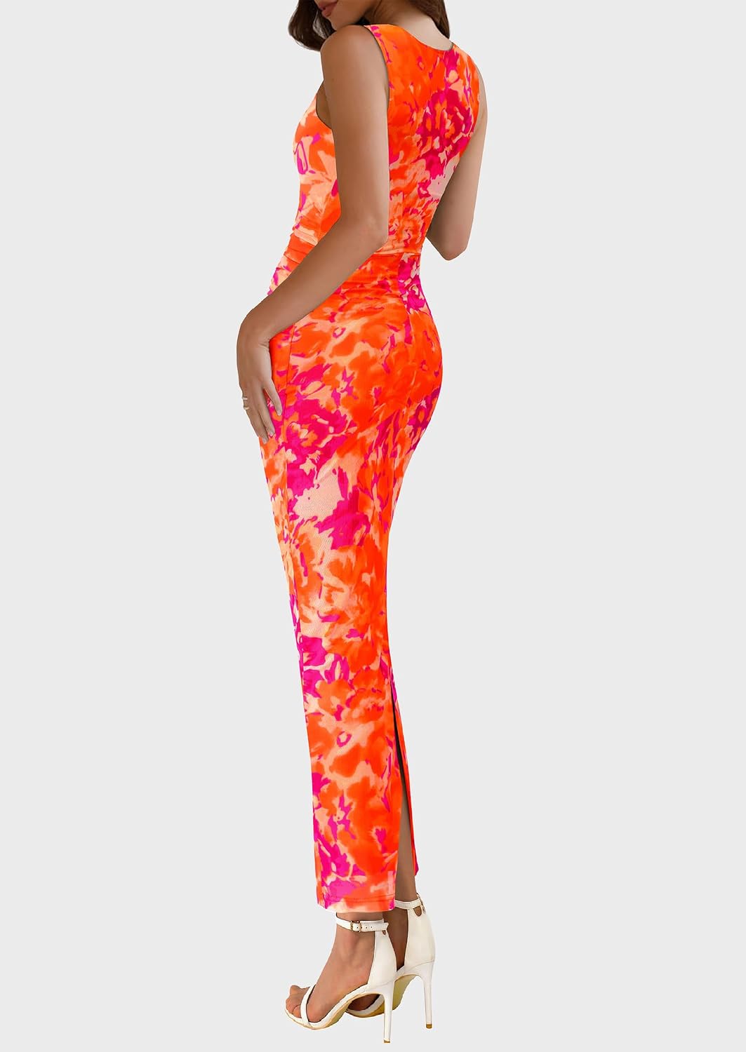 PRETTYGARDEN Women's Summer Formal Floral Maxi Dress | Sleeveless Ruched Bodycon Mesh Long Dresses, Elegant Spring Dress for Wedding Guest, Bridal Shower, Cocktail Party, Vacation