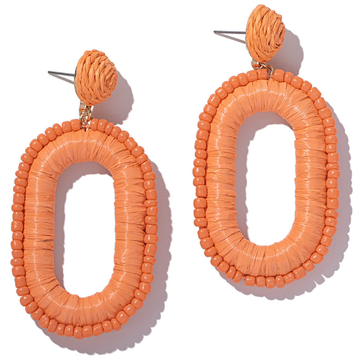 Boho Beaded Raffia Drop Earrings Statement Fun Square Dangle Summer Jewelry | Handmade Colorful Bead Chunky Accessories Big Geometric Dangling Vacation Tropical Bohemian Hawaiian Outfits for Women