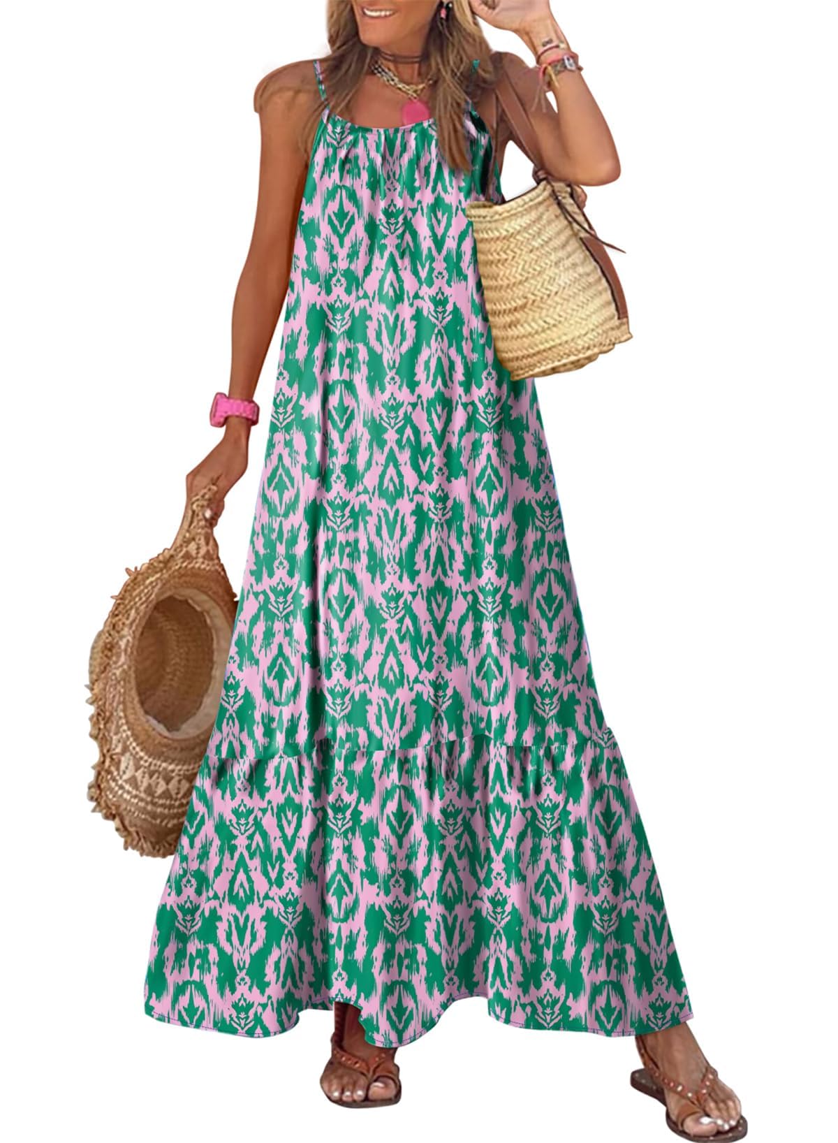 Dokotoo Women Summer Dresses Scoop Neck Ruffle Flowy Boho Maxi Dress | Spaghetti Strap Sundresses,Sleeveless,Beach Vacation Clothes,Ruffle A Line,Casual Boho Printed,Hawaiian Dresses,Wedding Guest