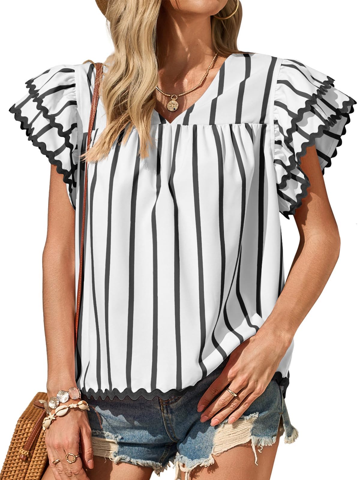 Tankaneo Womens Ruffle Short Sleeve Blouse V Neck Striped Pleated Trim Shirts Summer Casual Loose Fit Tops