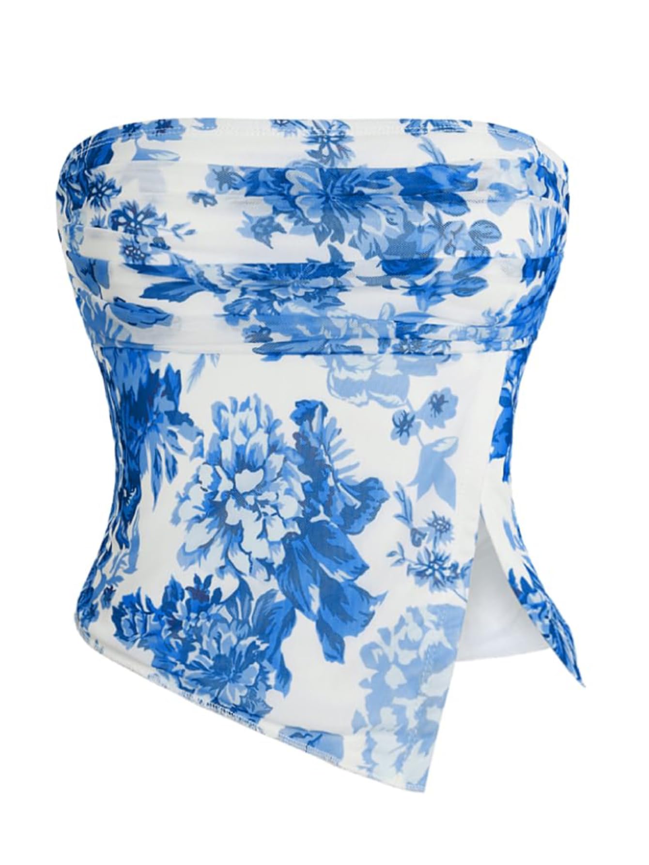 Milumia Women Floral Summer Mesh Ruched Tube Top Y2k Going Out Crop Tops | Strapless Tropical Hawaiian Tank, Vacation Outfits, Beach, Bandeau, Asymmetrical Split Hem