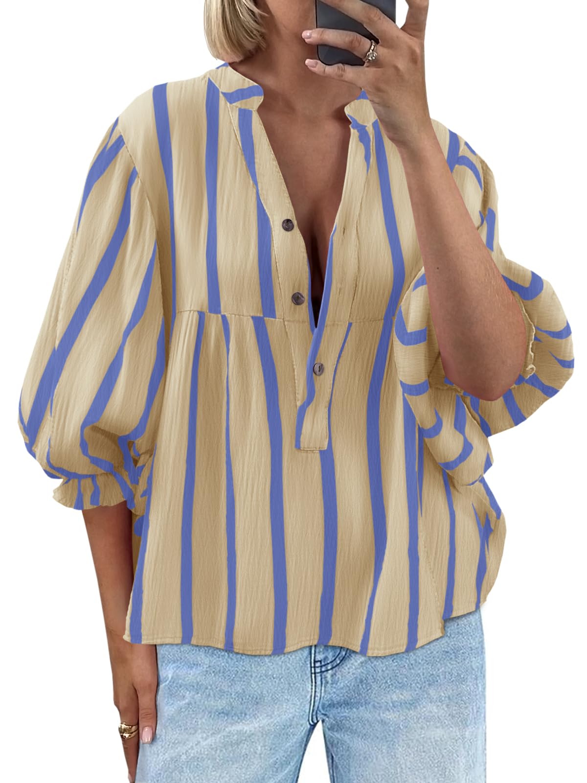 Tankaneo Womens Puff Sleeve Summer Babydoll Tops Cute V Neck Striped Blouse | Casual, Loose Fit, Flowy Shirts, Button, Boho, Work, Dressy, Peplum Blouses