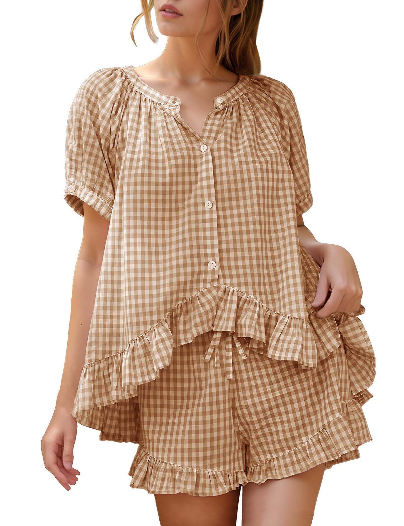 Flygo Cotton Pajamas for Women Gingham Set Lounge Sets | 100% Cotton, Plaid, Babydoll Top, Relaxed Fit, Puff Sleeve, Shorts, Pockets, Summer, Sleepwear, Vacation, Wedding, Parties