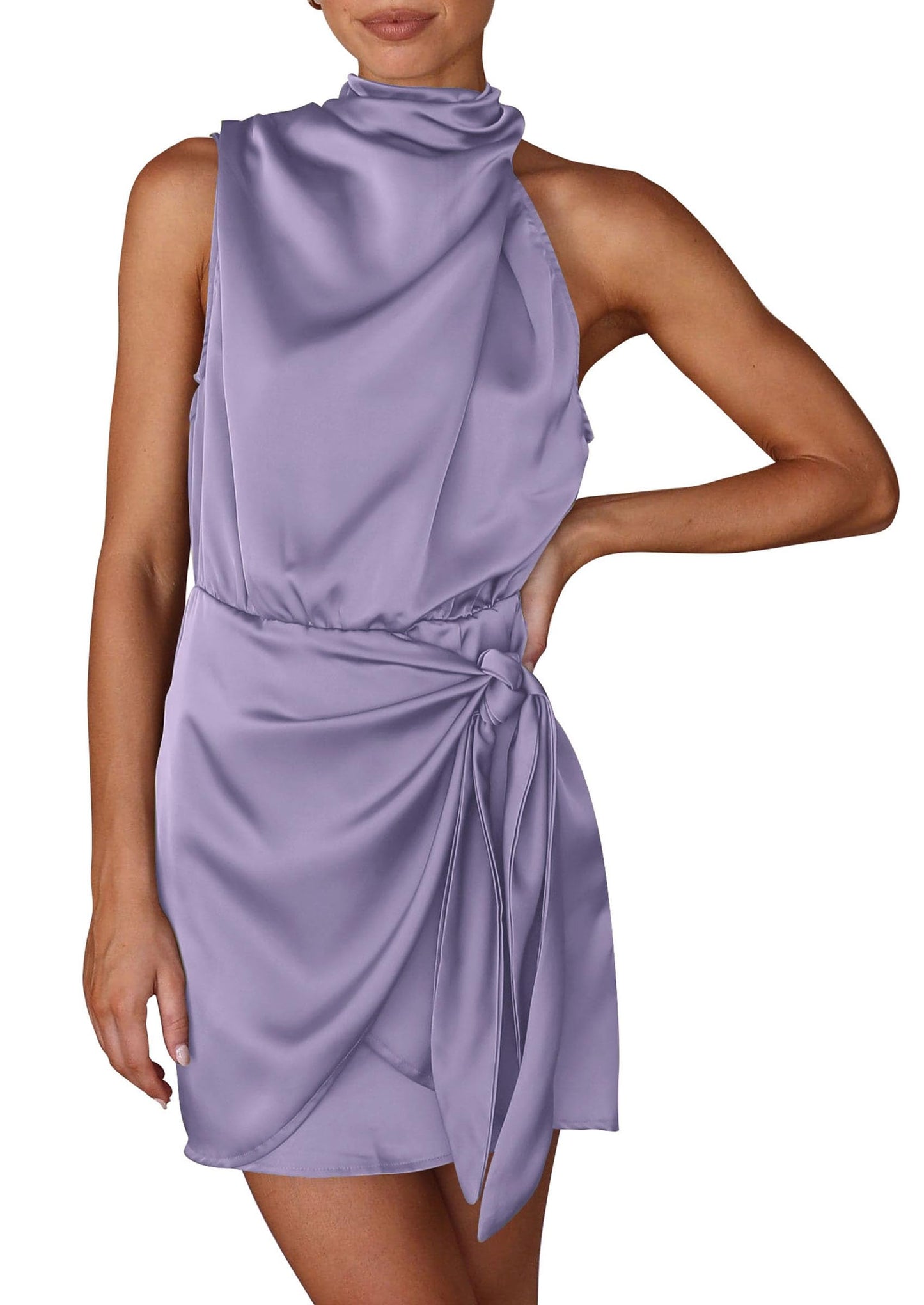 PRETTYGARDEN Women's Formal Short Satin Cocktail Dress | Sleeveless Mock Neck, Tie Waist, Asymmetrical Ruched, Elegant Silk, Birthday Party, Wedding Guest Evening, Summer Outfits