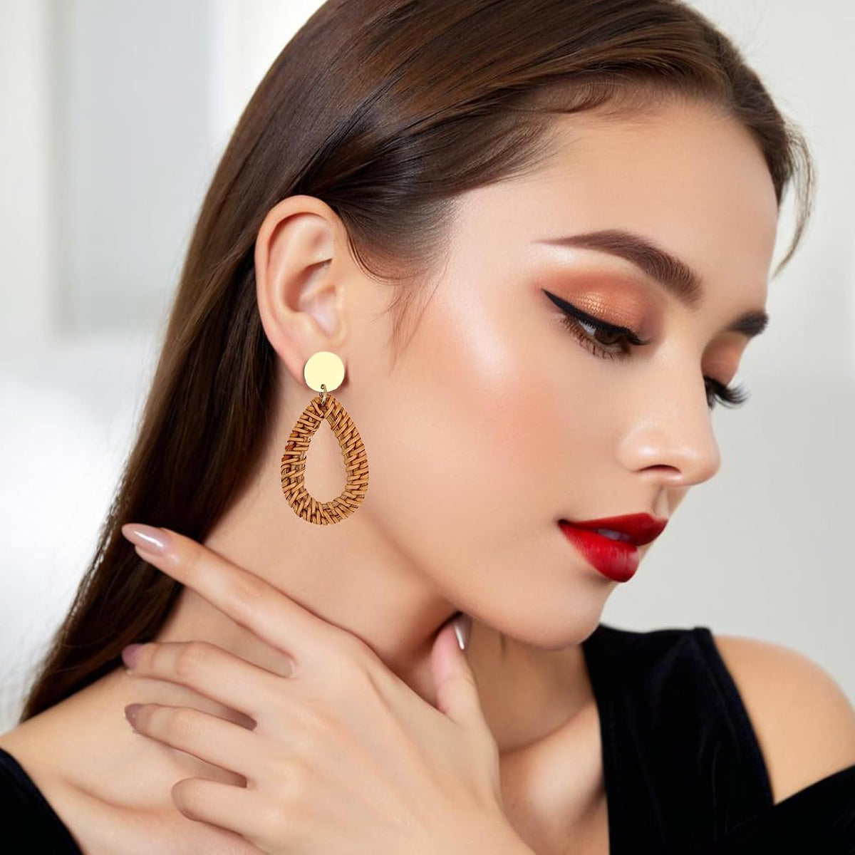Boho Rattan Earrings for Women, Summer Beach Earrings | Featuring Unique Geometric Circular Teardrop Shaped , Lightweight Woven Pendant Earrings, Summer Beach Wear