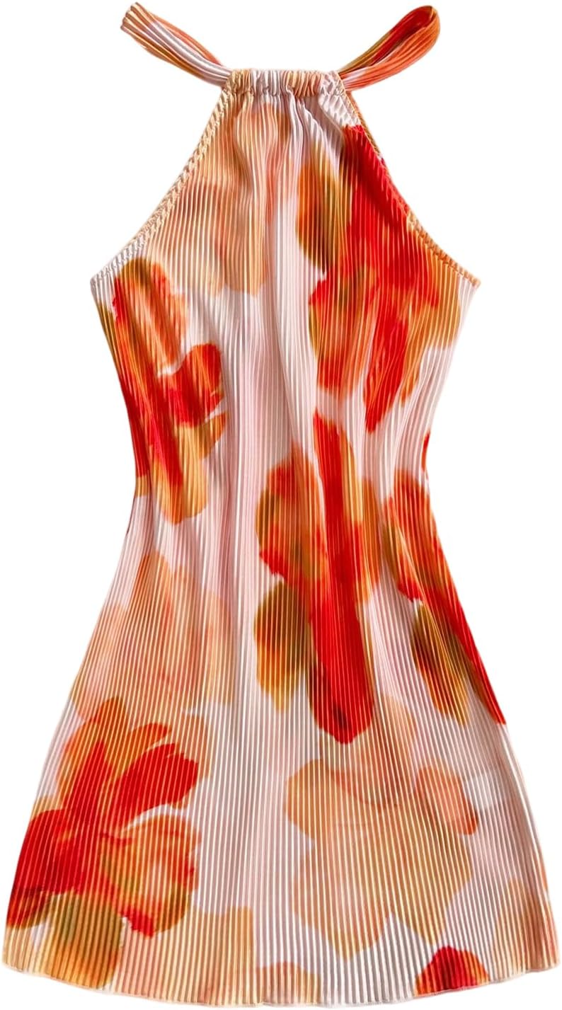 Floerns Women's Flower Print Halter Dress Sleeveless Pleated Boho Mini Dresses