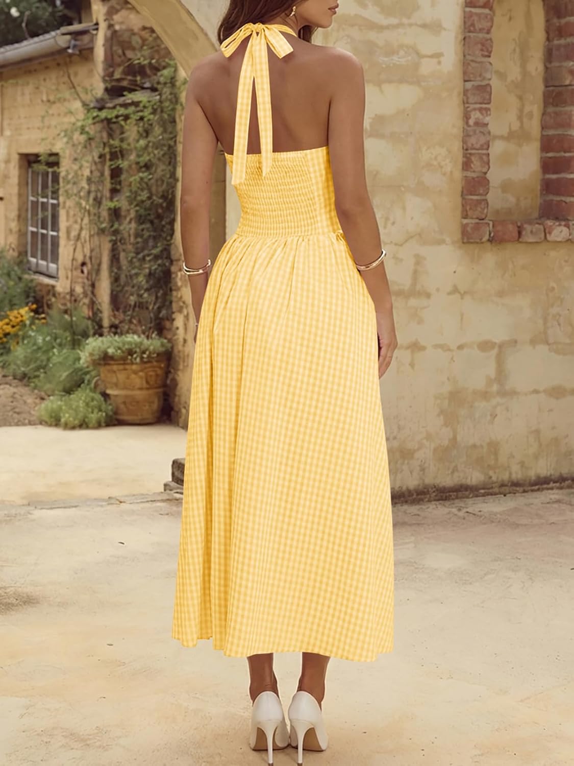 Wenrine Womens Halter V Neck Corset Maxi Dresses Summer Plaid Smocked Dress | Tie Back, Backless, Wedding Guest, Drop Waist, Sleeveless, Gingham, Pleated, Long dress with Pockets