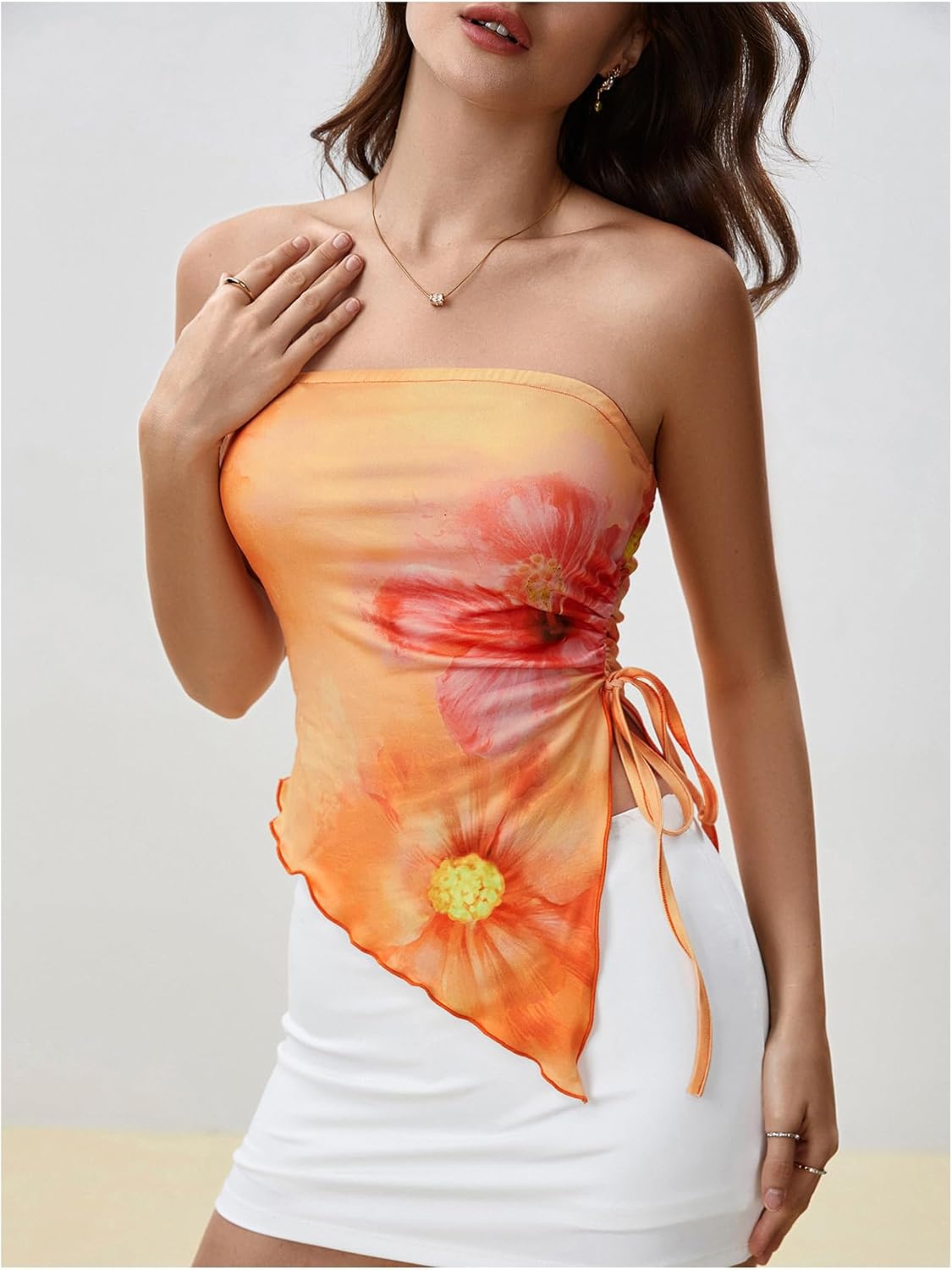 WDIRARA Women's Floral Strapless Side Ruched Asymmetrical Hem Tube Top | Y2k Floral, Strapless, Asymmetrical Hem, Side Ruched, Bandeau Crop Top